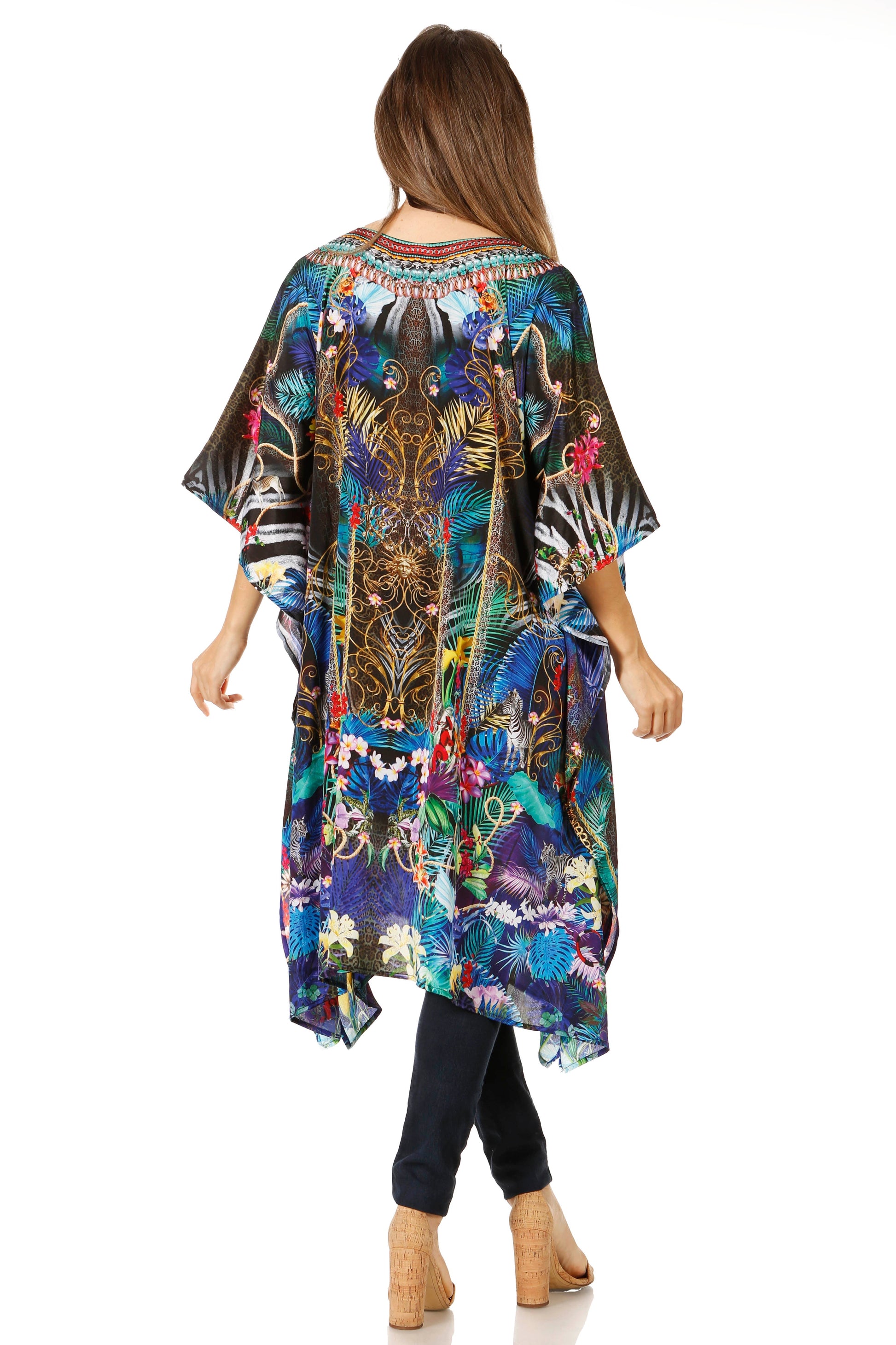 Sakkas Jenni Women's Mid Length Boho Caftan Kaftan Dress Cover up Flowy Rhinestone - Concordia Style Boutique