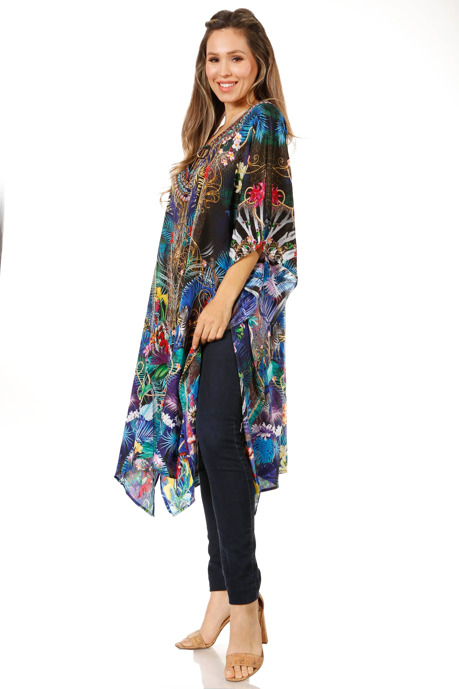 Sakkas Jenni Women's Mid Length Boho Caftan Kaftan Dress Cover up Flowy Rhinestone - Concordia Style Boutique