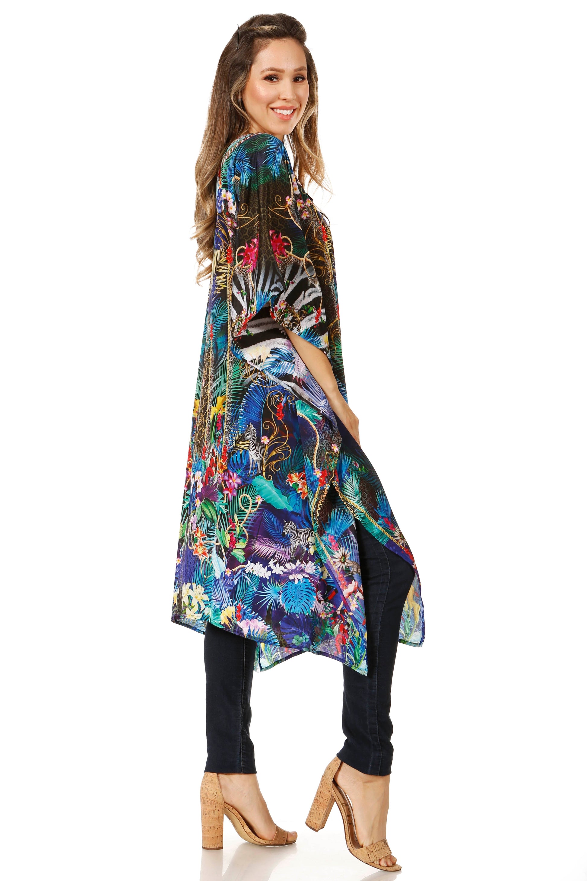 Sakkas Jenni Women's Mid Length Boho Caftan Kaftan Dress Cover up Flowy Rhinestone - Concordia Style Boutique