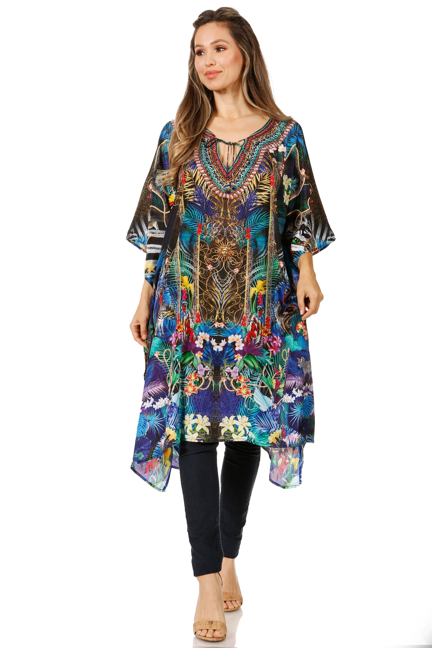 Sakkas Jenni Women's Mid Length Boho Caftan Kaftan Dress Cover up Flowy Rhinestone - Concordia Style Boutique