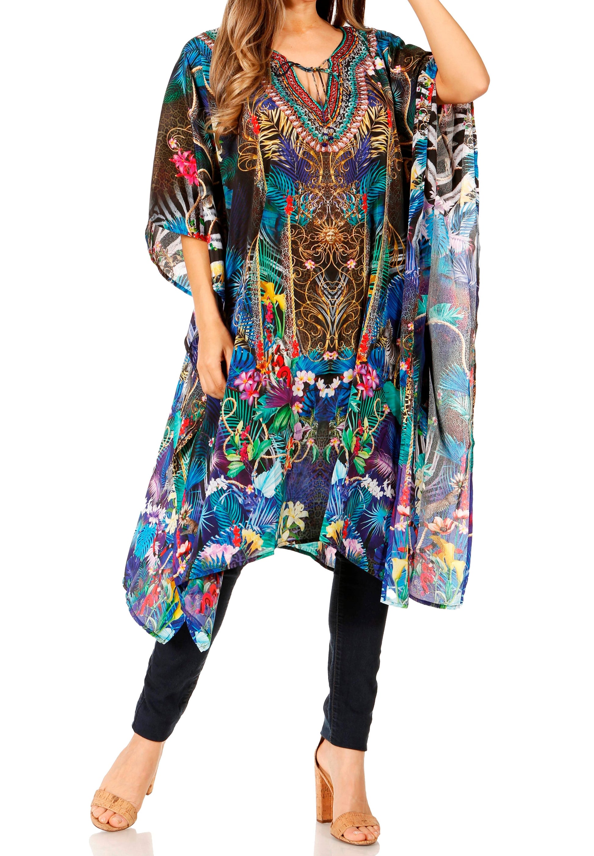 Sakkas Jenni Women's Mid Length Boho Caftan Kaftan Dress Cover up Flowy Rhinestone - Concordia Style Boutique