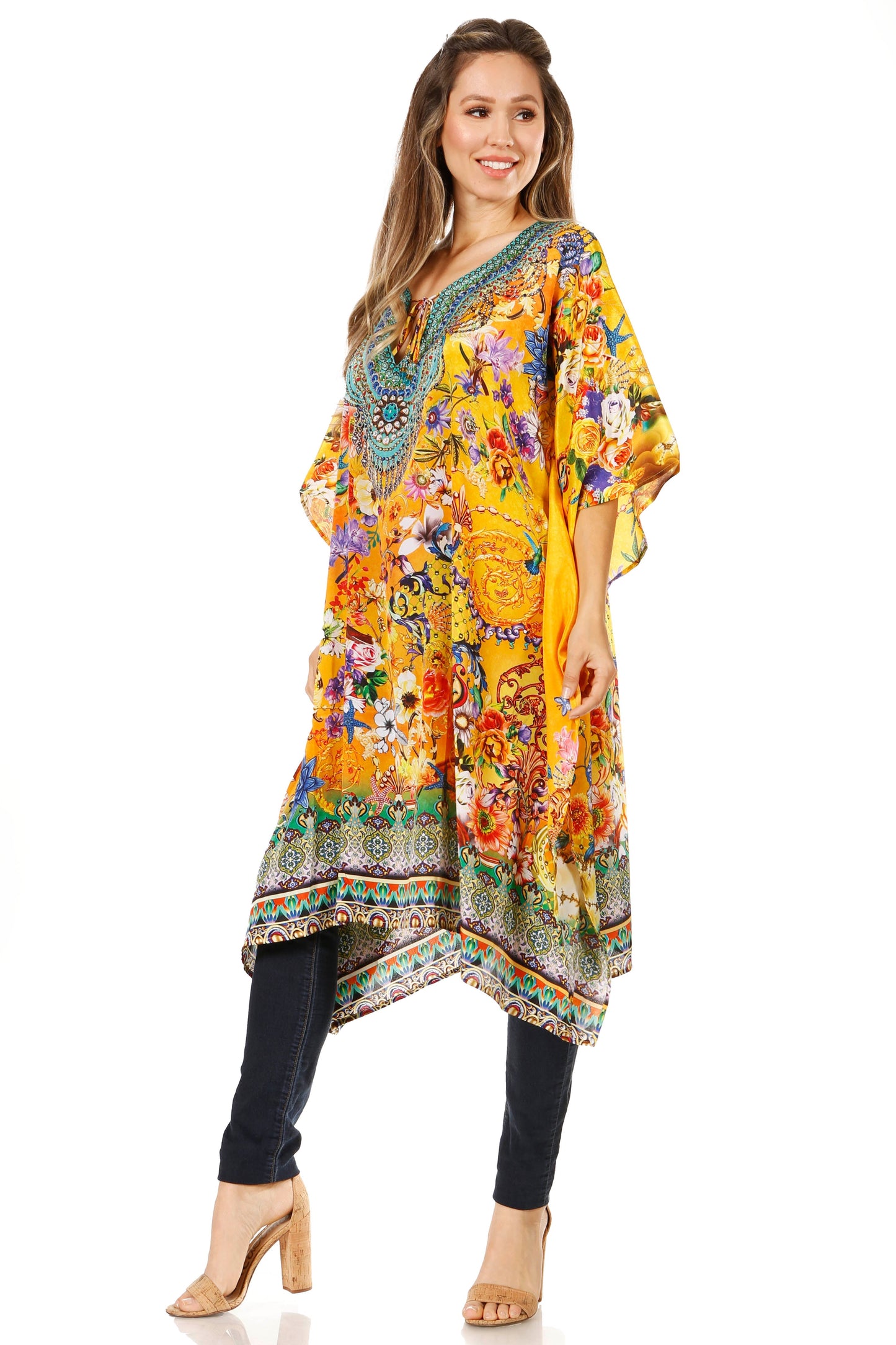 Sakkas Jenni Women's Mid Length Boho Caftan Kaftan Dress Cover up Flowy Rhinestone - Concordia Style Boutique