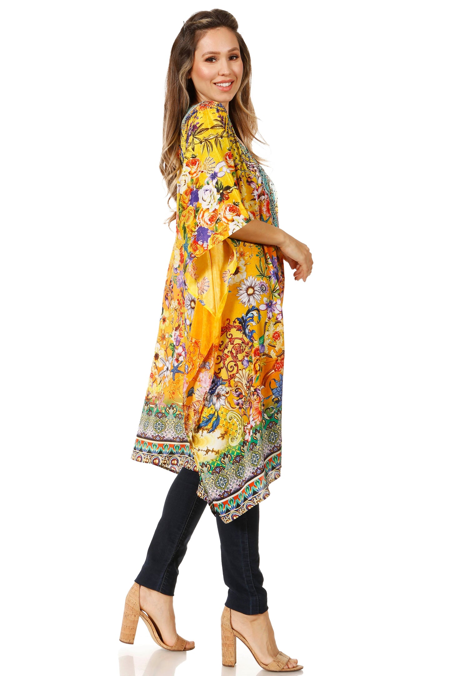 Sakkas Jenni Women's Mid Length Boho Caftan Kaftan Dress Cover up Flowy Rhinestone - Concordia Style Boutique