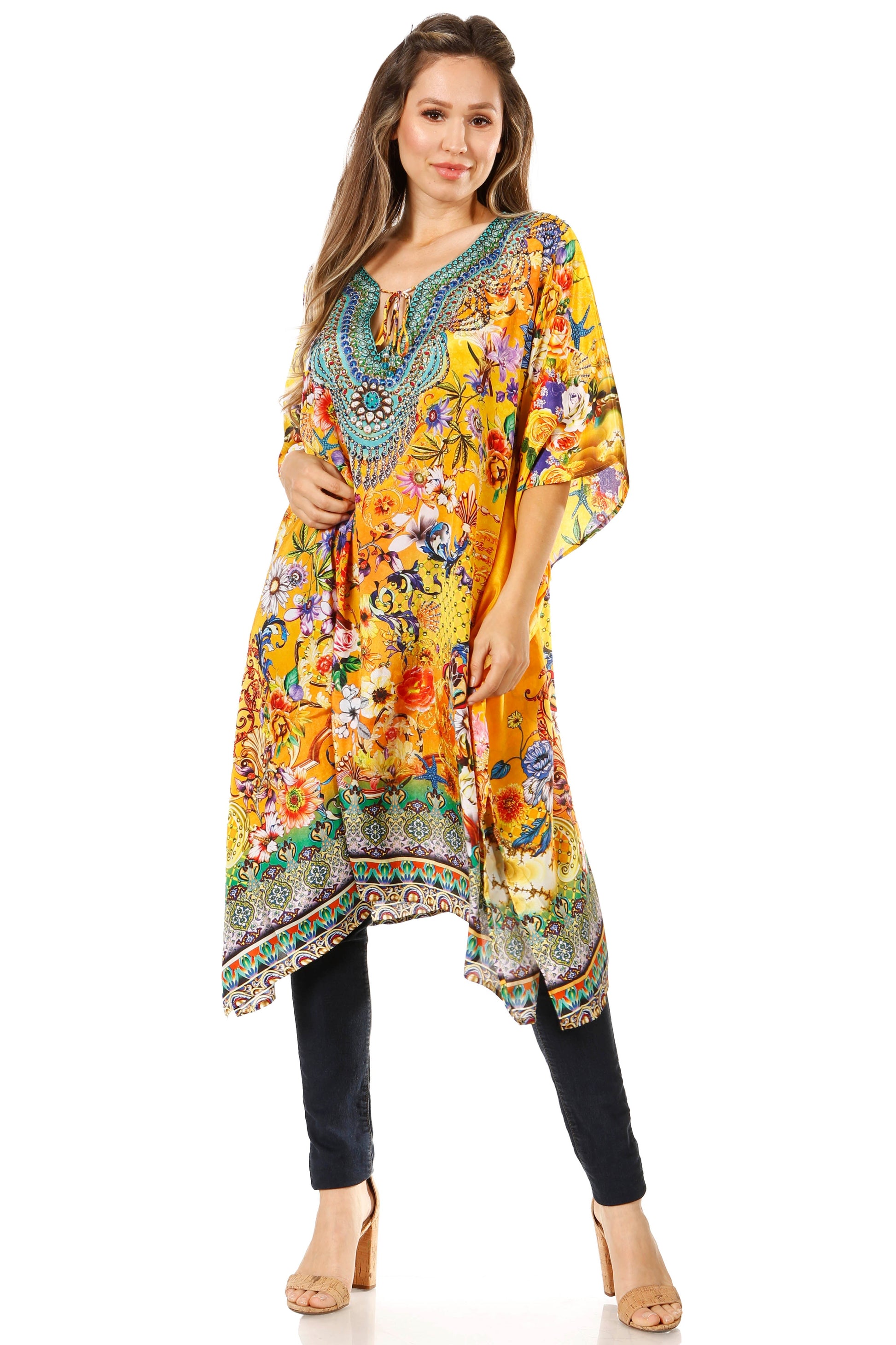 Sakkas Jenni Women's Mid Length Boho Caftan Kaftan Dress Cover up Flowy Rhinestone - Concordia Style Boutique