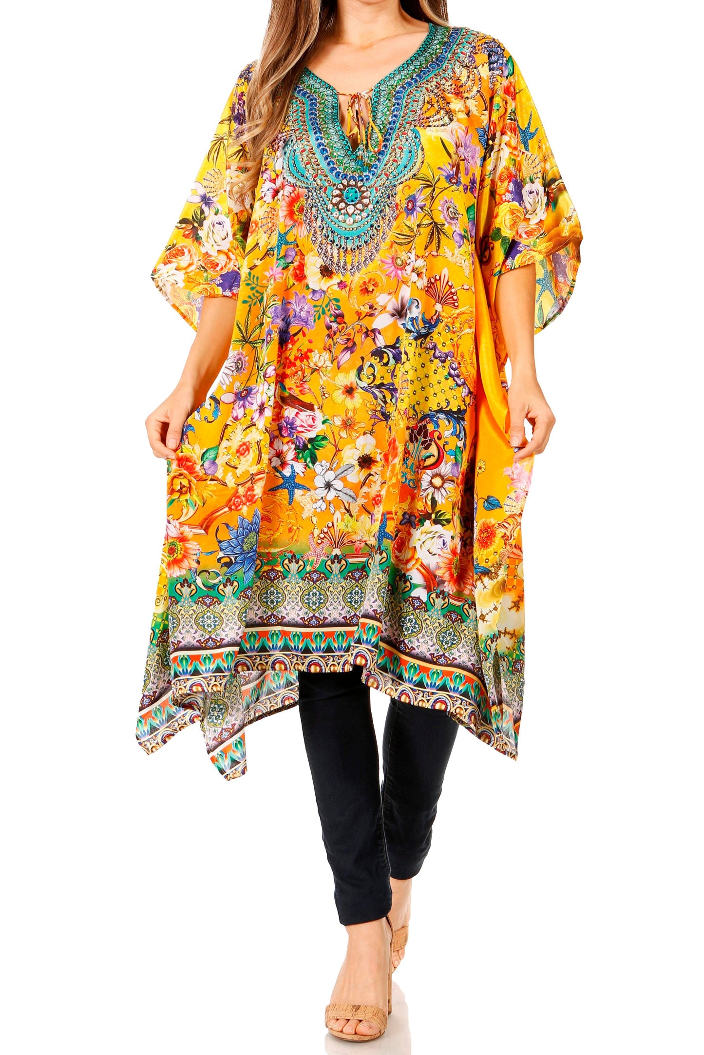 Sakkas Jenni Women's Mid Length Boho Caftan Kaftan Dress Cover up Flowy Rhinestone - Concordia Style Boutique