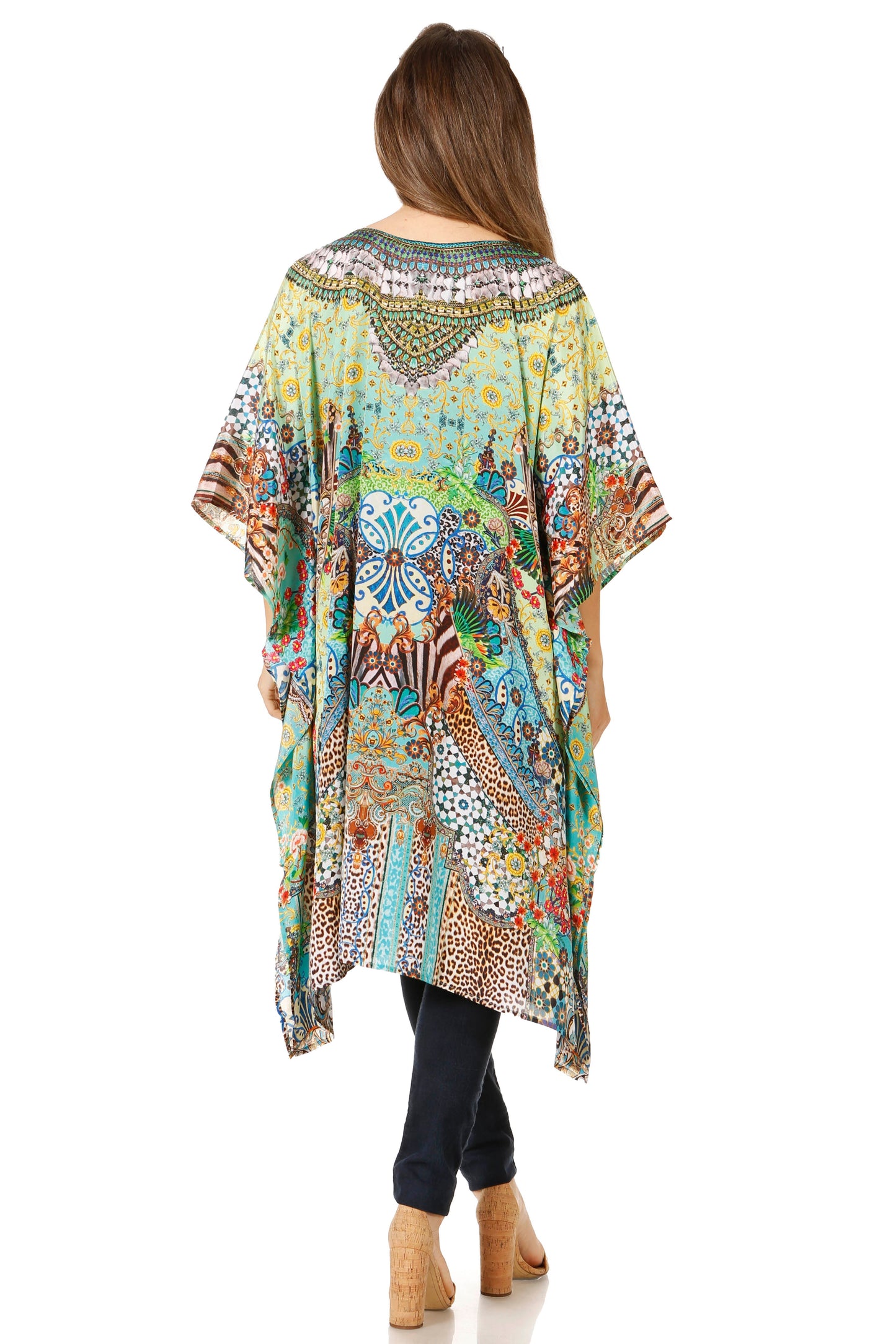 Sakkas Jenni Women's Mid Length Boho Caftan Kaftan Dress Cover up Flowy Rhinestone - Concordia Style Boutique