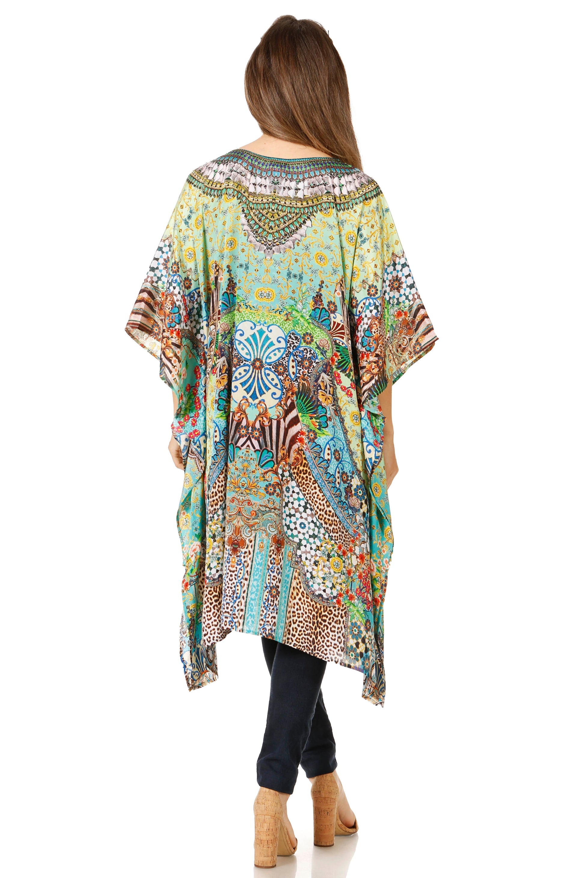 Sakkas Jenni Women's Mid Length Boho Caftan Kaftan Dress Cover up Flowy Rhinestone - Concordia Style Boutique