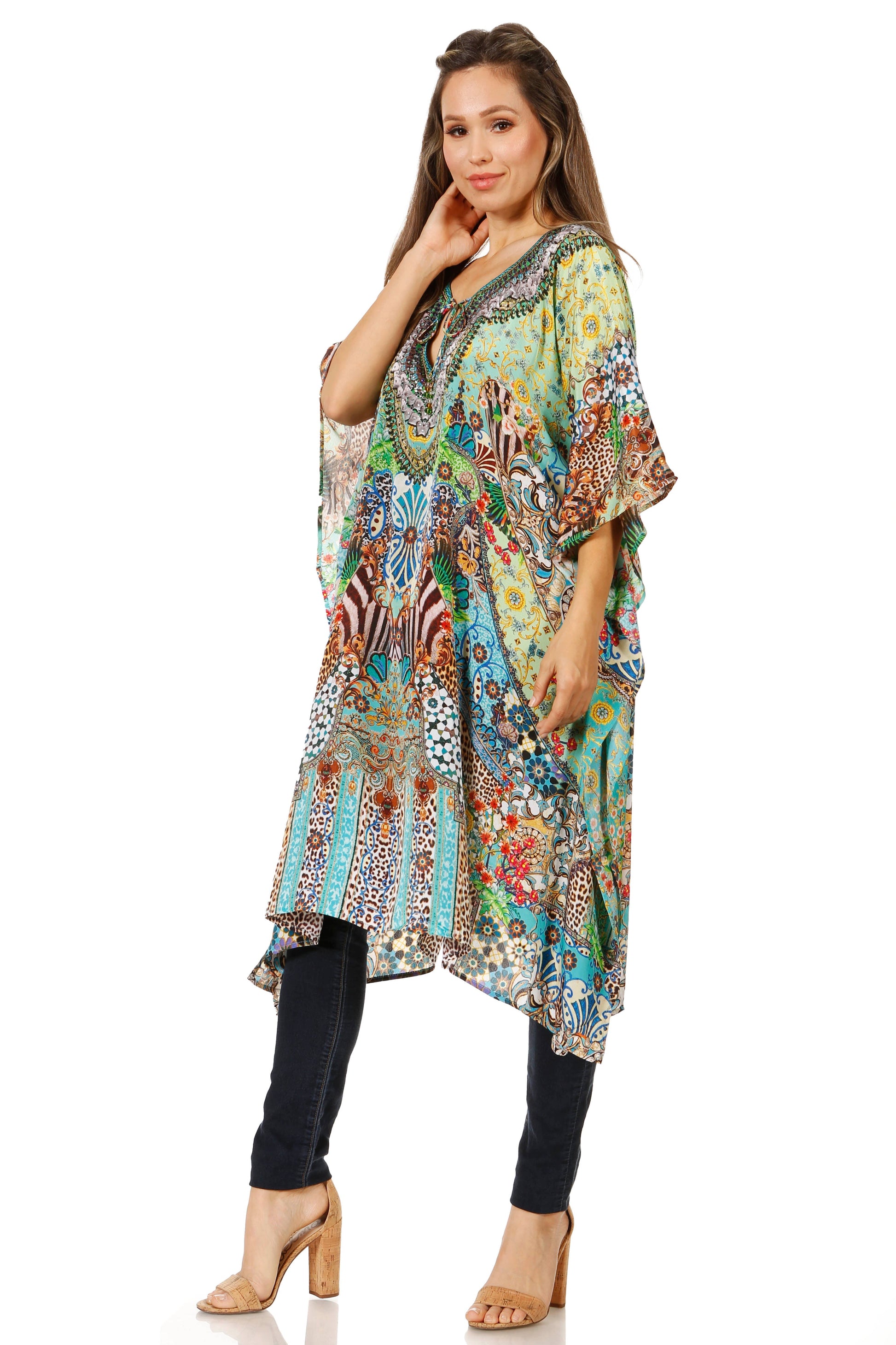 Sakkas Jenni Women's Mid Length Boho Caftan Kaftan Dress Cover up Flowy Rhinestone - Concordia Style Boutique