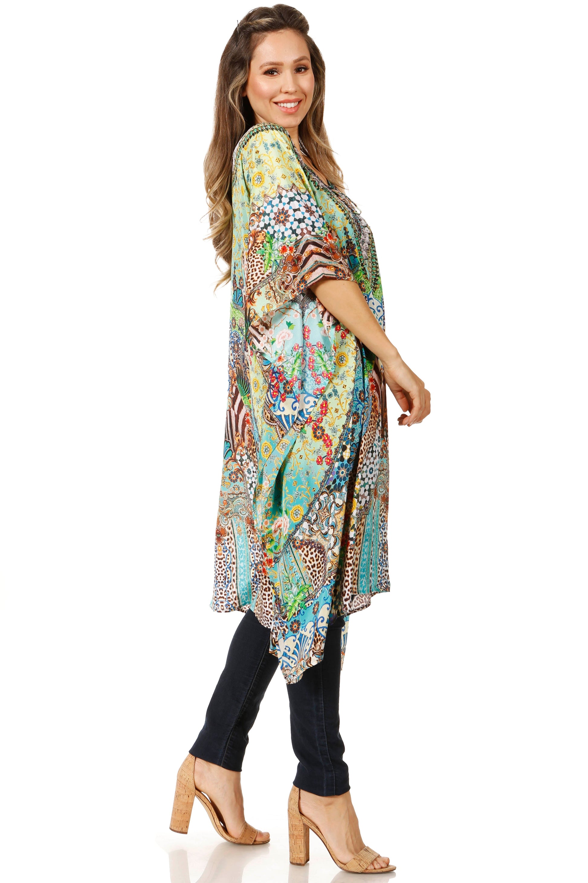 Sakkas Jenni Women's Mid Length Boho Caftan Kaftan Dress Cover up Flowy Rhinestone - Concordia Style Boutique
