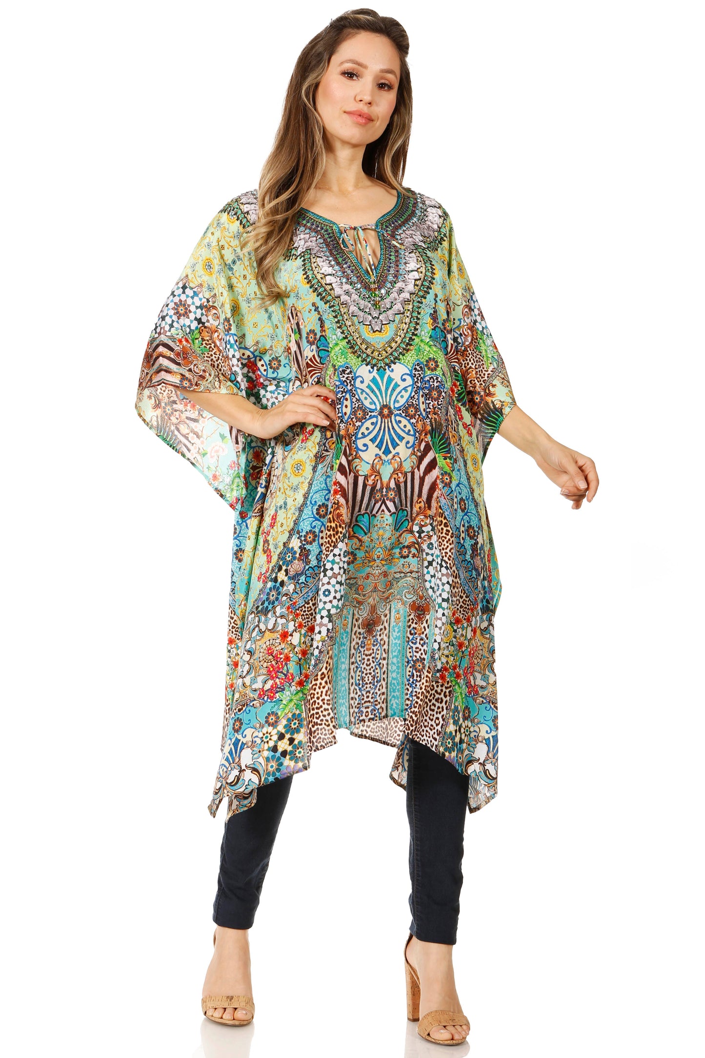 Sakkas Jenni Women's Mid Length Boho Caftan Kaftan Dress Cover up Flowy Rhinestone - Concordia Style Boutique