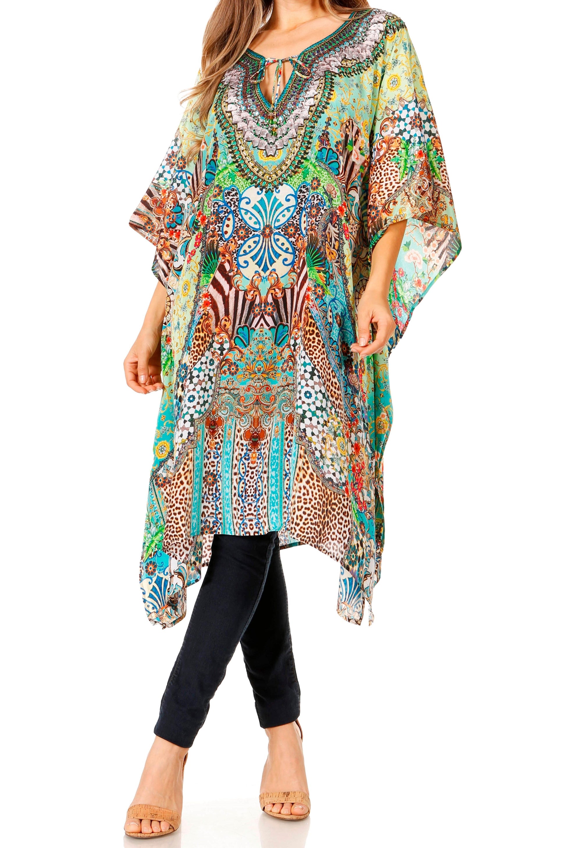 Sakkas Jenni Women's Mid Length Boho Caftan Kaftan Dress Cover up Flowy Rhinestone - Concordia Style Boutique