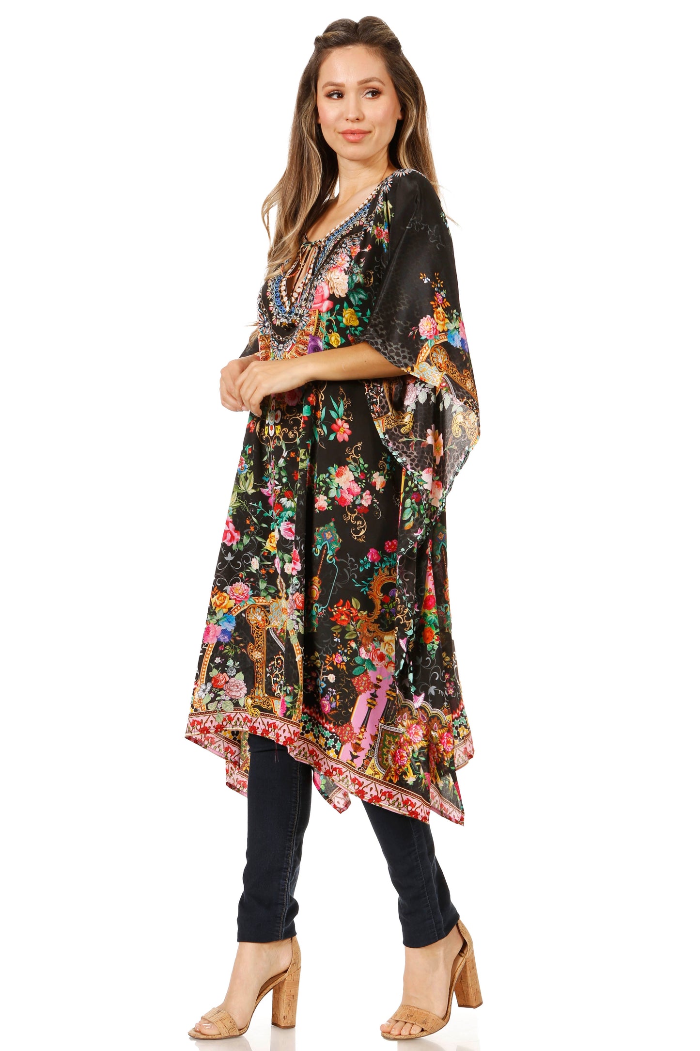 Sakkas Jenni Women's Mid Length Boho Caftan Kaftan Dress Cover up Flowy Rhinestone - Concordia Style Boutique