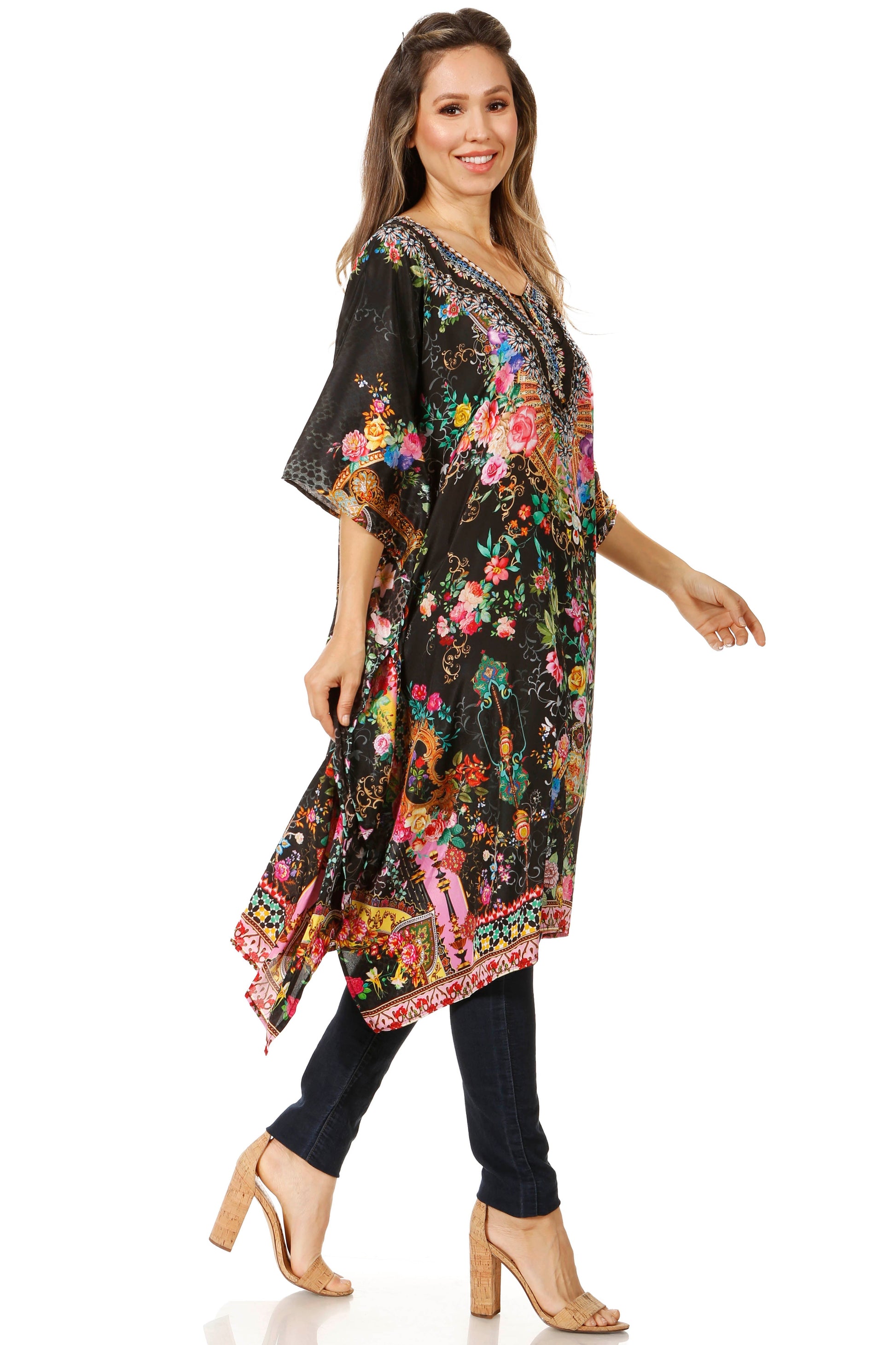 Sakkas Jenni Women's Mid Length Boho Caftan Kaftan Dress Cover up Flowy Rhinestone - Concordia Style Boutique