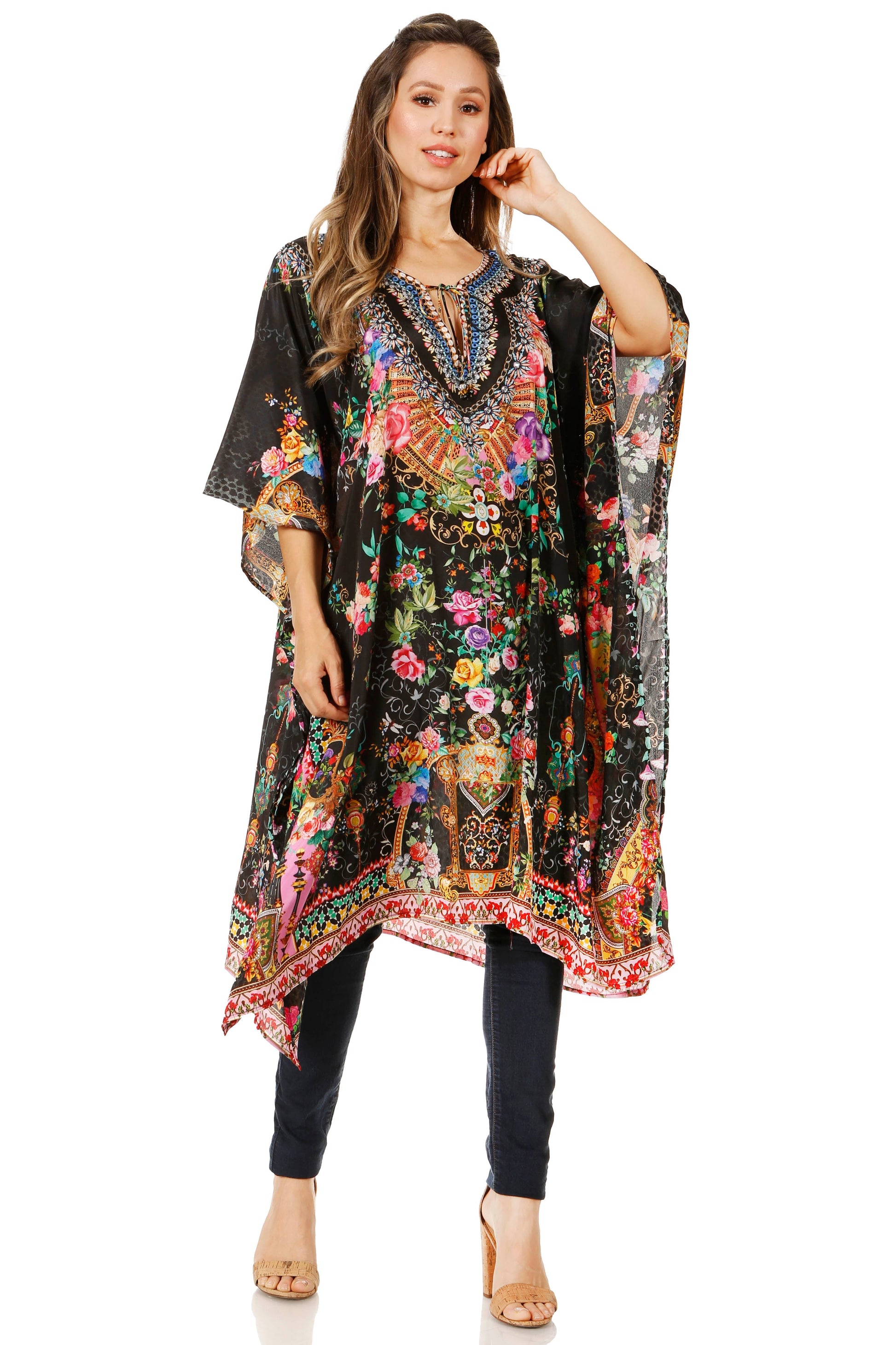 Sakkas Jenni Women's Mid Length Boho Caftan Kaftan Dress Cover up Flowy Rhinestone - Concordia Style Boutique