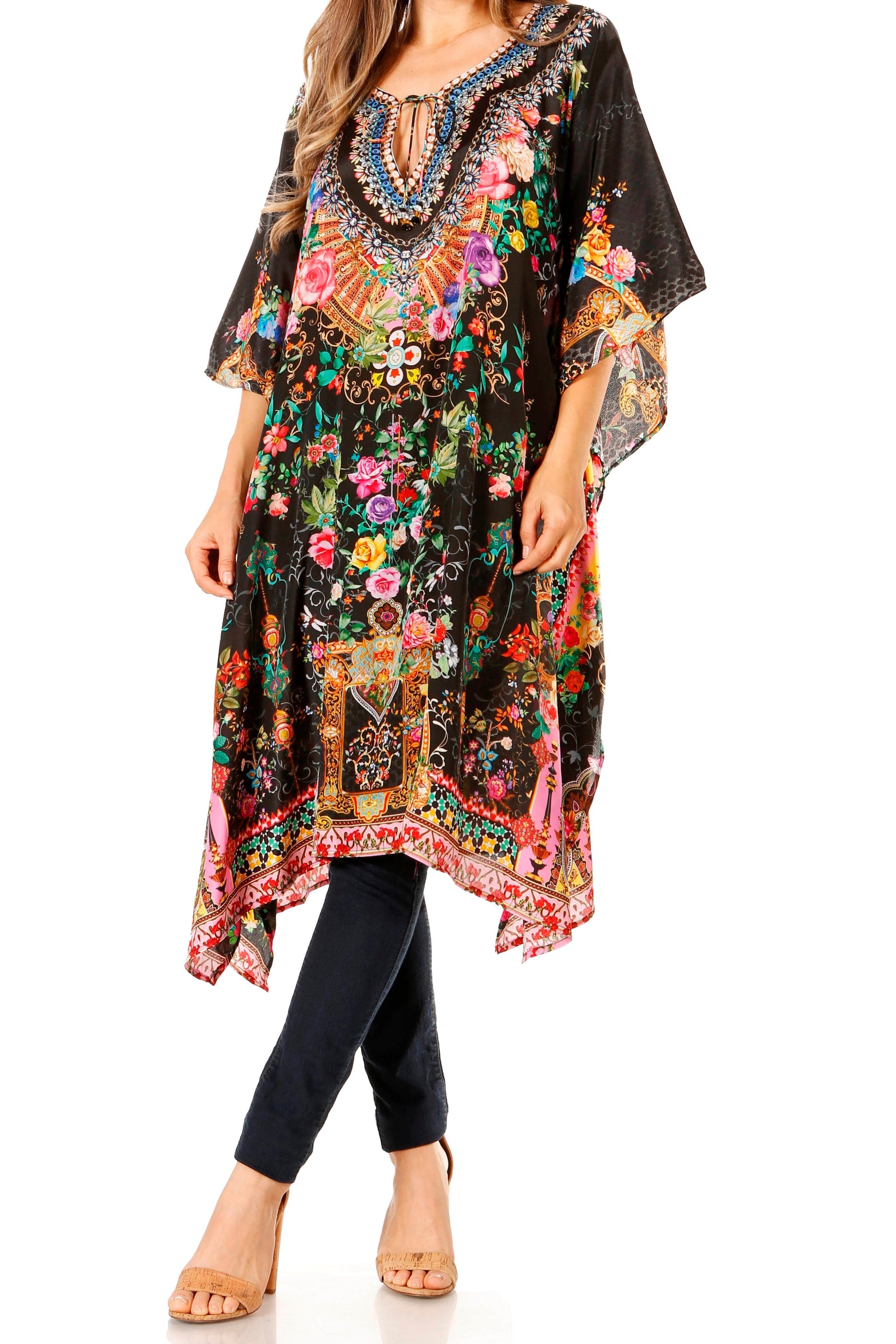 Sakkas Jenni Women's Mid Length Boho Caftan Kaftan Dress Cover up Flowy Rhinestone - Concordia Style Boutique
