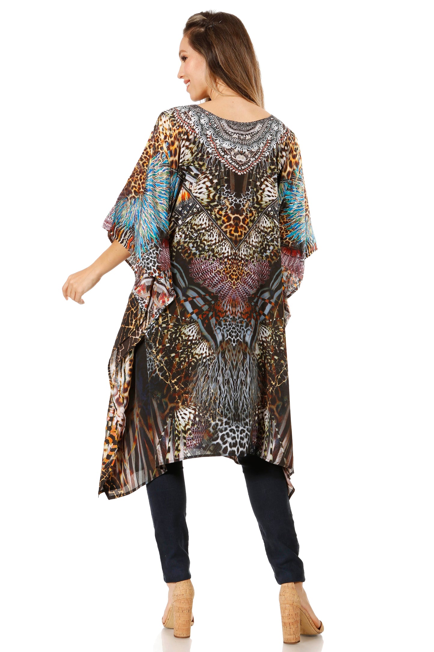Sakkas Jenni Women's Mid Length Boho Caftan Kaftan Dress Cover up Flowy Rhinestone - Concordia Style Boutique