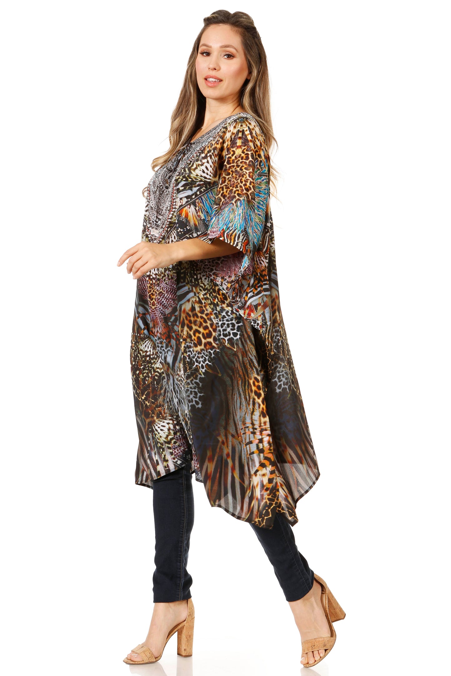 Sakkas Jenni Women's Mid Length Boho Caftan Kaftan Dress Cover up Flowy Rhinestone - Concordia Style Boutique