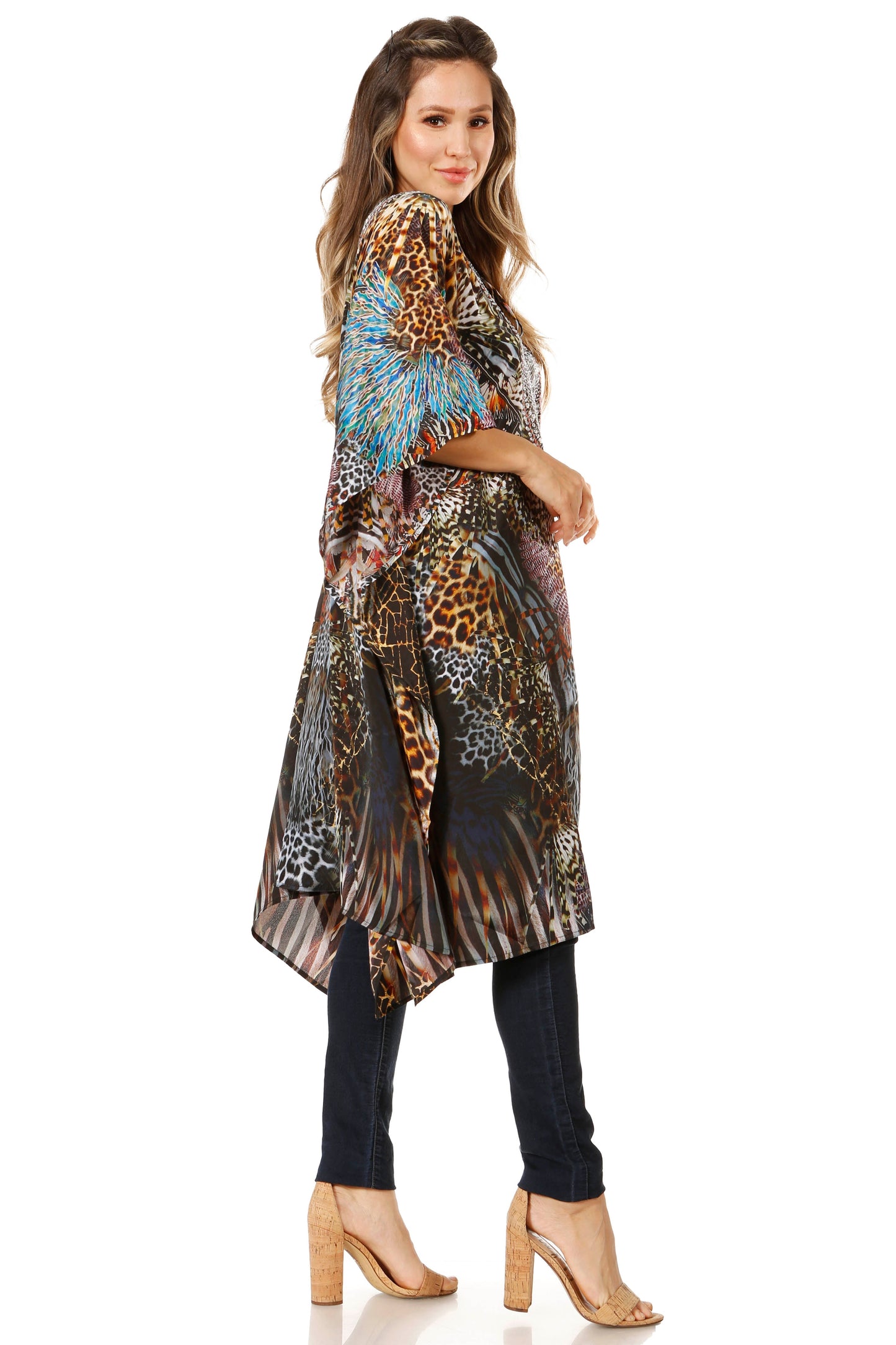 Sakkas Jenni Women's Mid Length Boho Caftan Kaftan Dress Cover up Flowy Rhinestone - Concordia Style Boutique
