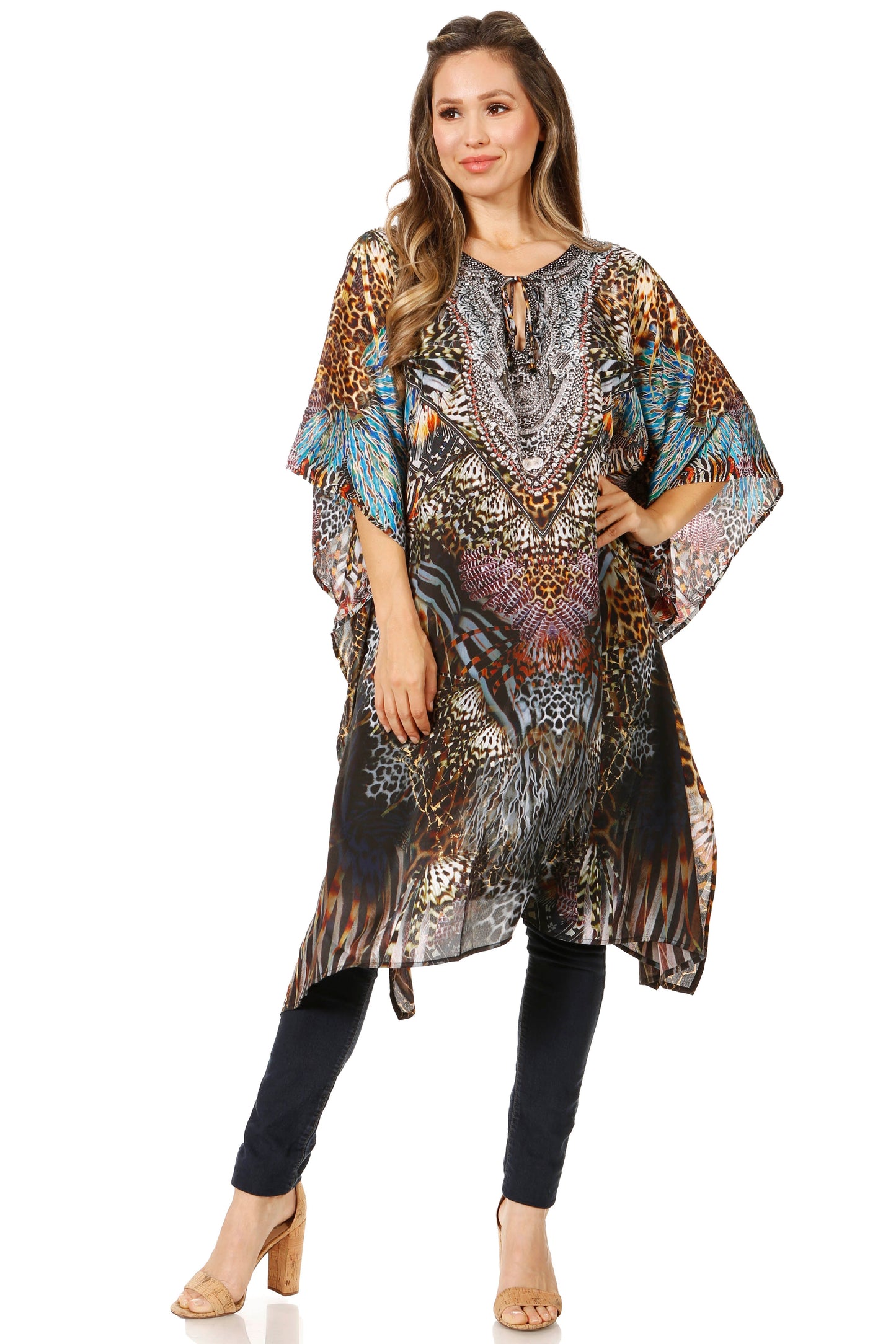 Sakkas Jenni Women's Mid Length Boho Caftan Kaftan Dress Cover up Flowy Rhinestone - Concordia Style Boutique