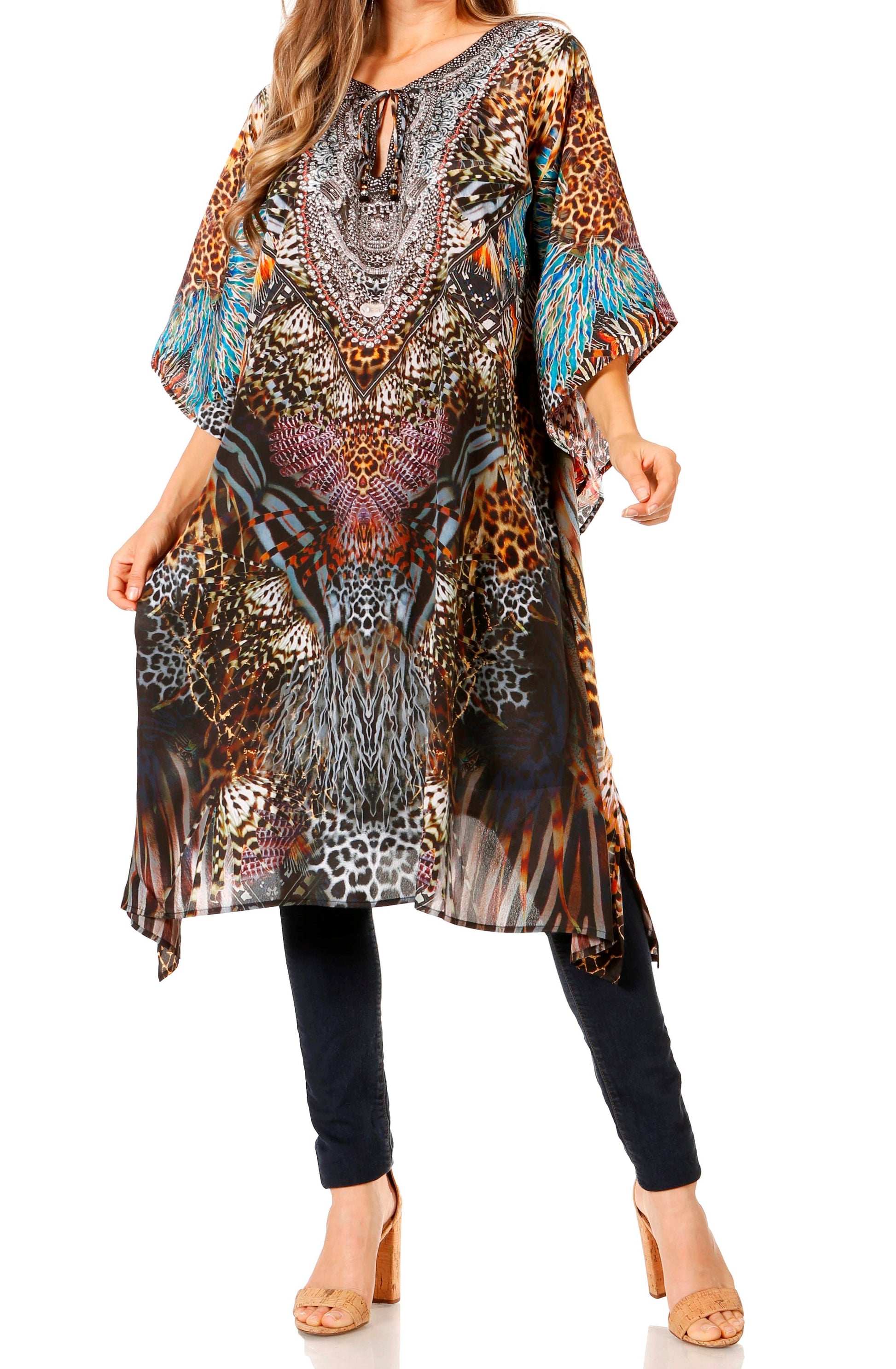 Sakkas Jenni Women's Mid Length Boho Caftan Kaftan Dress Cover up Flowy Rhinestone - Concordia Style Boutique