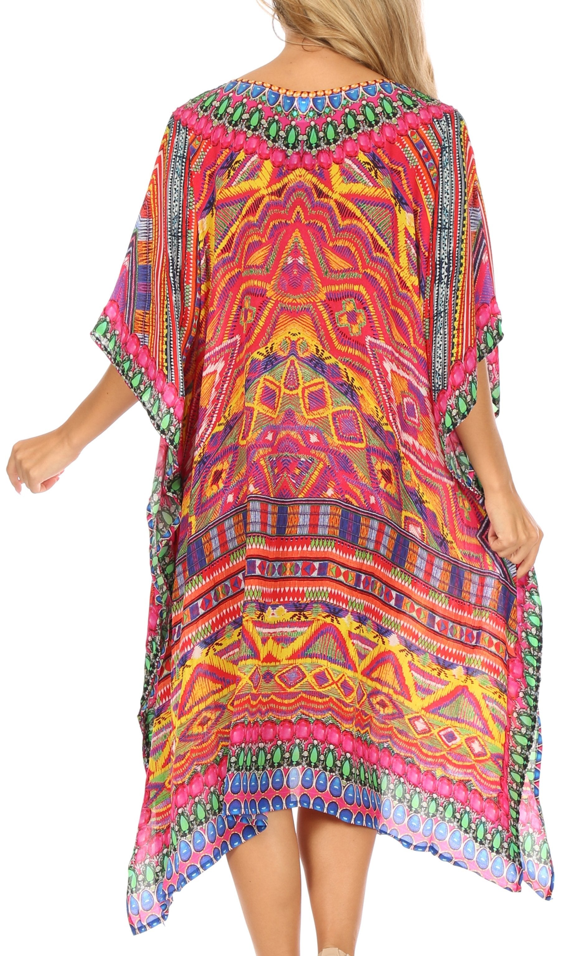 Sakkas Jenni Women's Mid Length Boho Caftan Kaftan Dress Cover up Flowy Rhinestone - Concordia Style Boutique