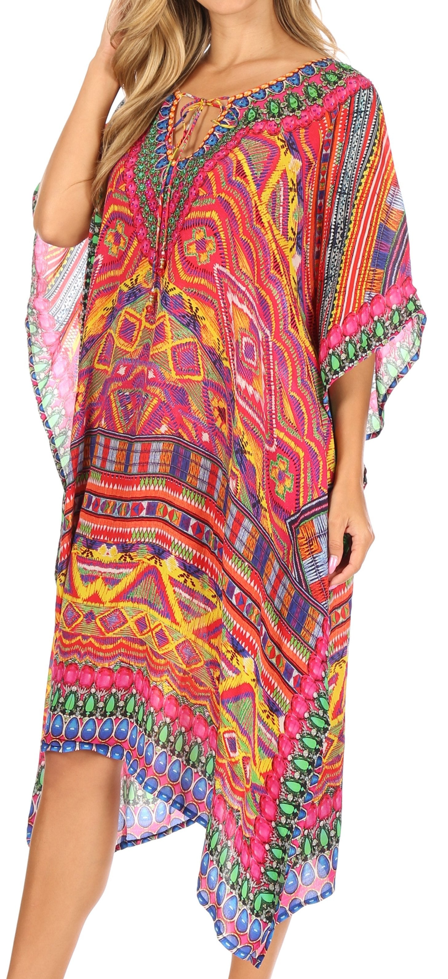 Sakkas Jenni Women's Mid Length Boho Caftan Kaftan Dress Cover up Flowy Rhinestone - Concordia Style Boutique