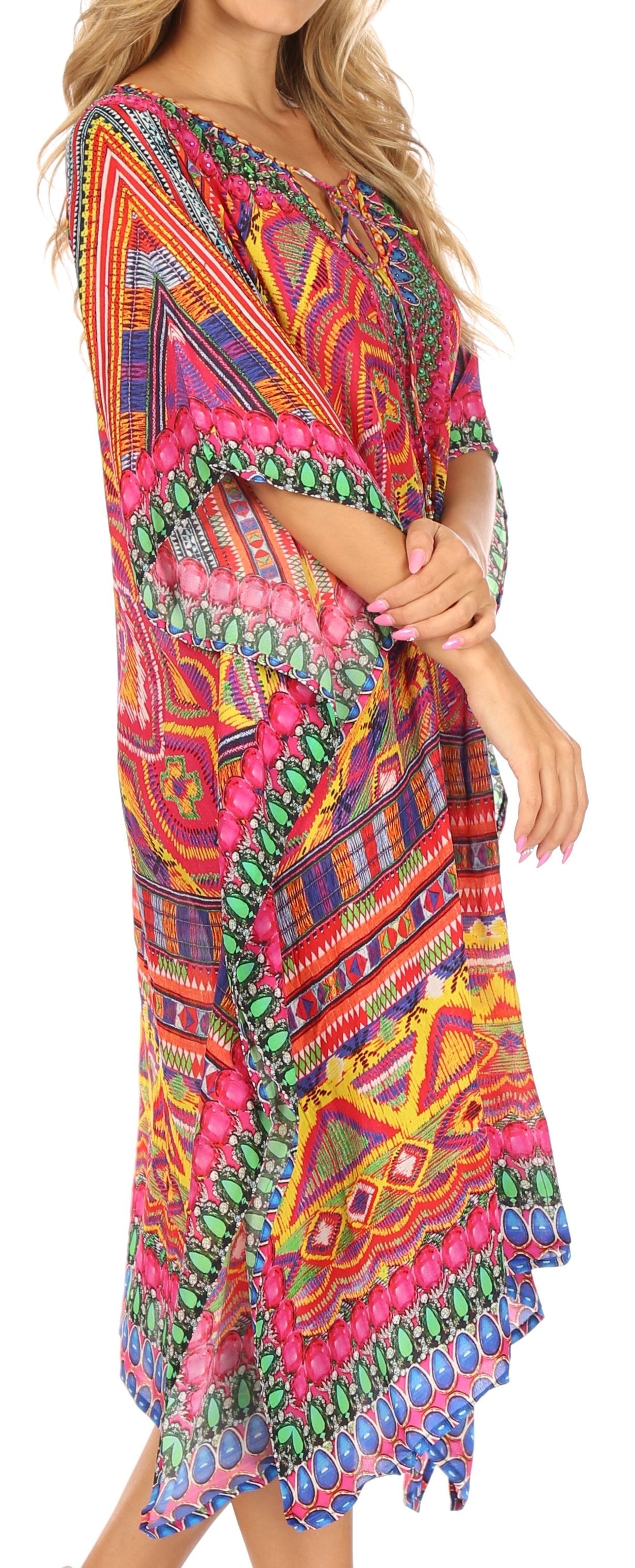 Sakkas Jenni Women's Mid Length Boho Caftan Kaftan Dress Cover up Flowy Rhinestone - Concordia Style Boutique