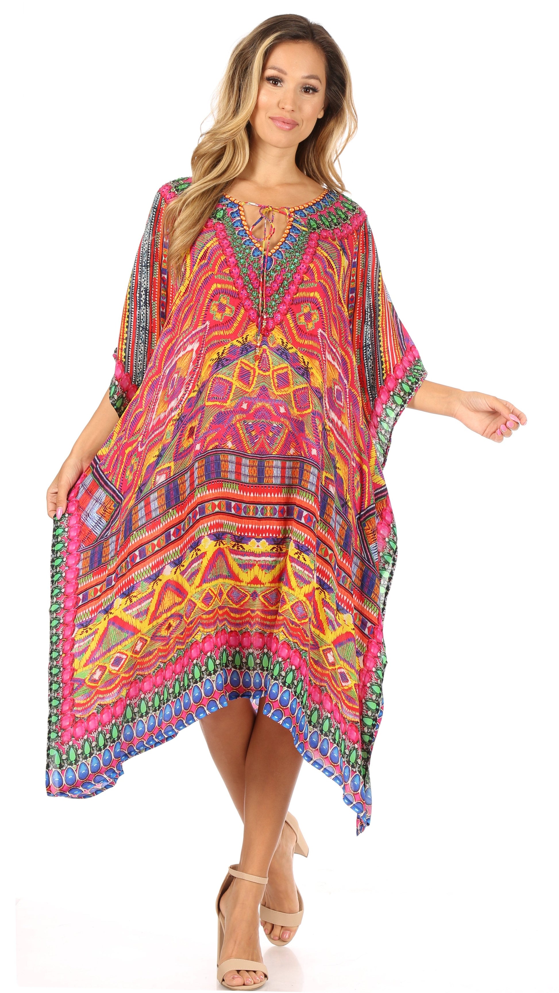 Sakkas Jenni Women's Mid Length Boho Caftan Kaftan Dress Cover up Flowy Rhinestone - Concordia Style Boutique