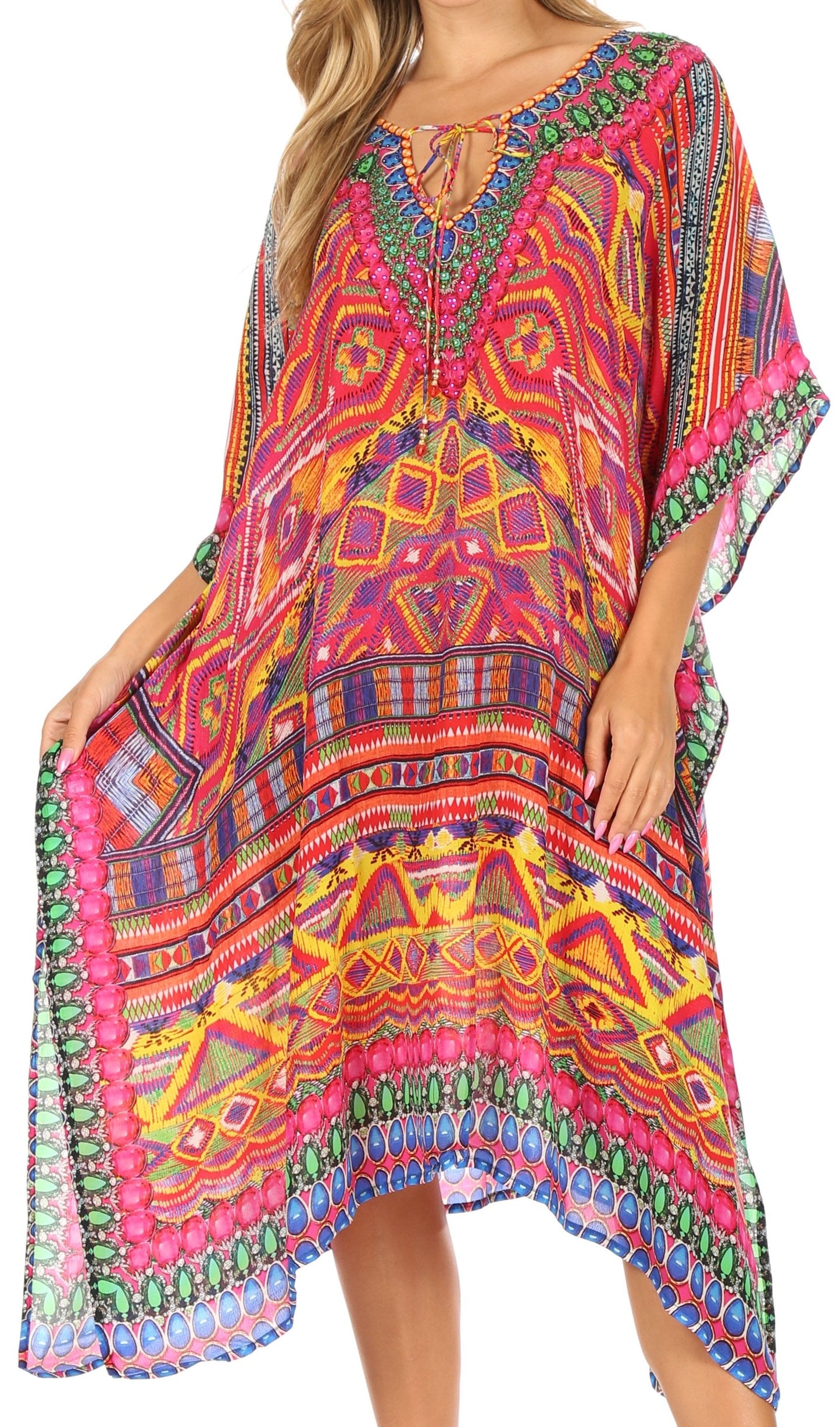 Sakkas Jenni Women's Mid Length Boho Caftan Kaftan Dress Cover up Flowy Rhinestone - Concordia Style Boutique