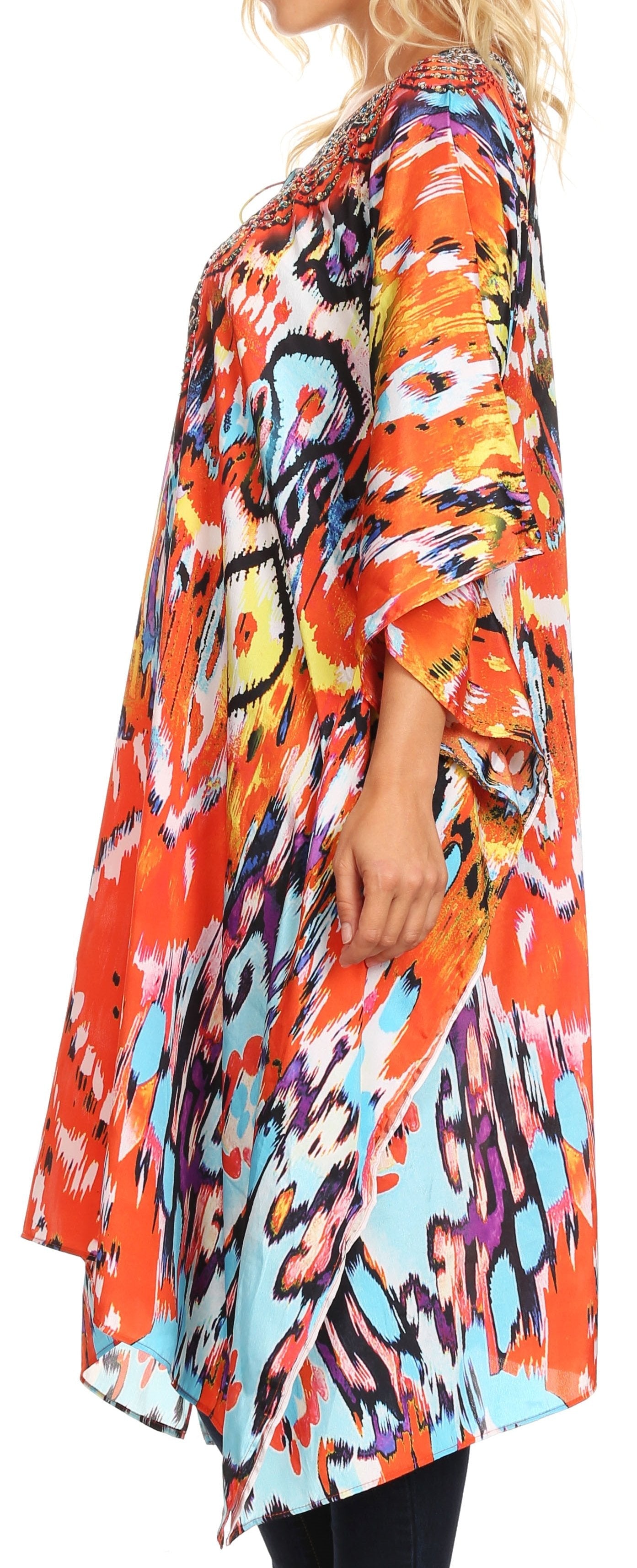 Sakkas Jenni Women's Mid Length Boho Caftan Kaftan Dress Cover up Flowy Rhinestone - Concordia Style Boutique