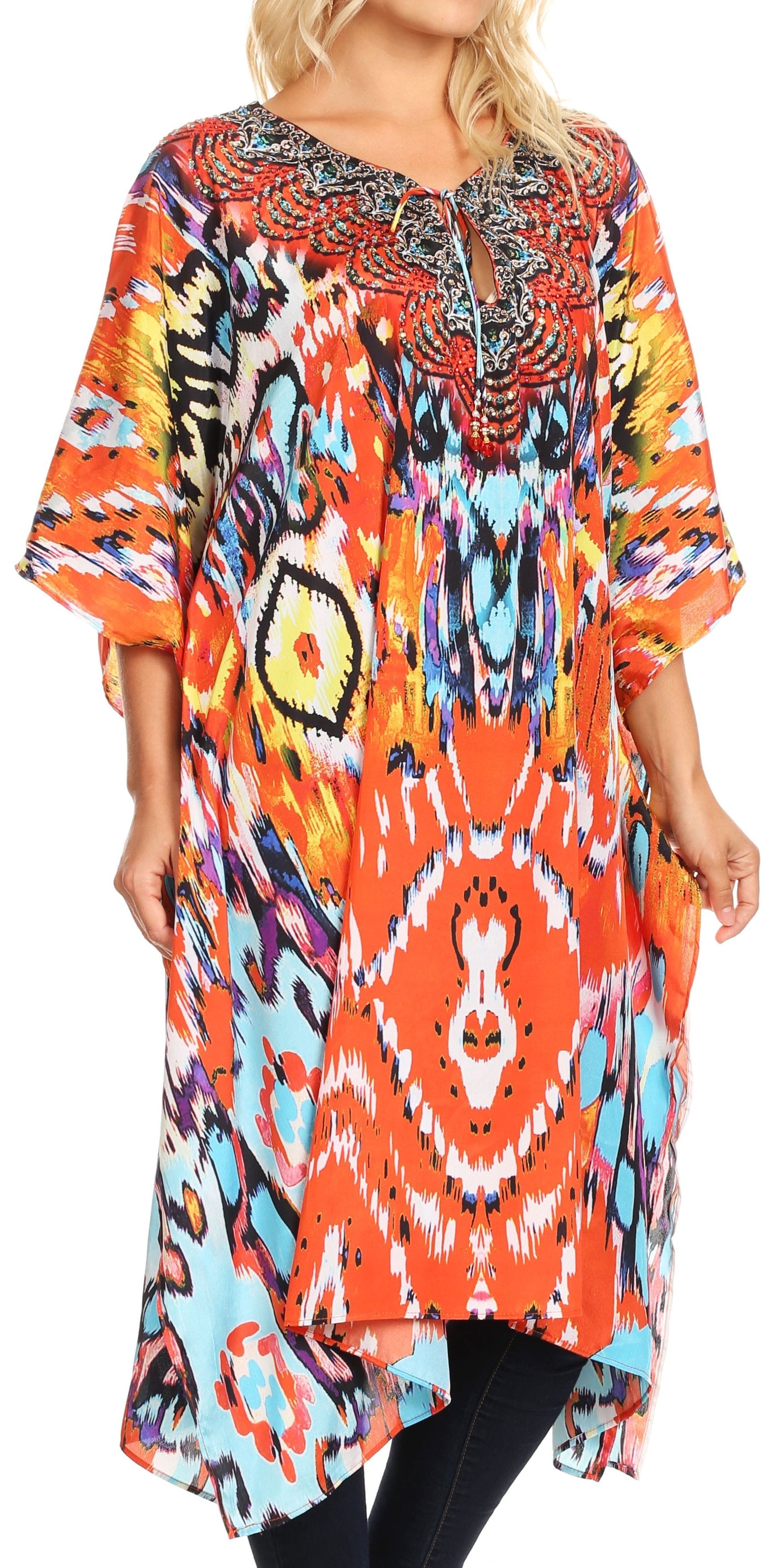 Sakkas Jenni Women's Mid Length Boho Caftan Kaftan Dress Cover up Flowy Rhinestone - Concordia Style Boutique