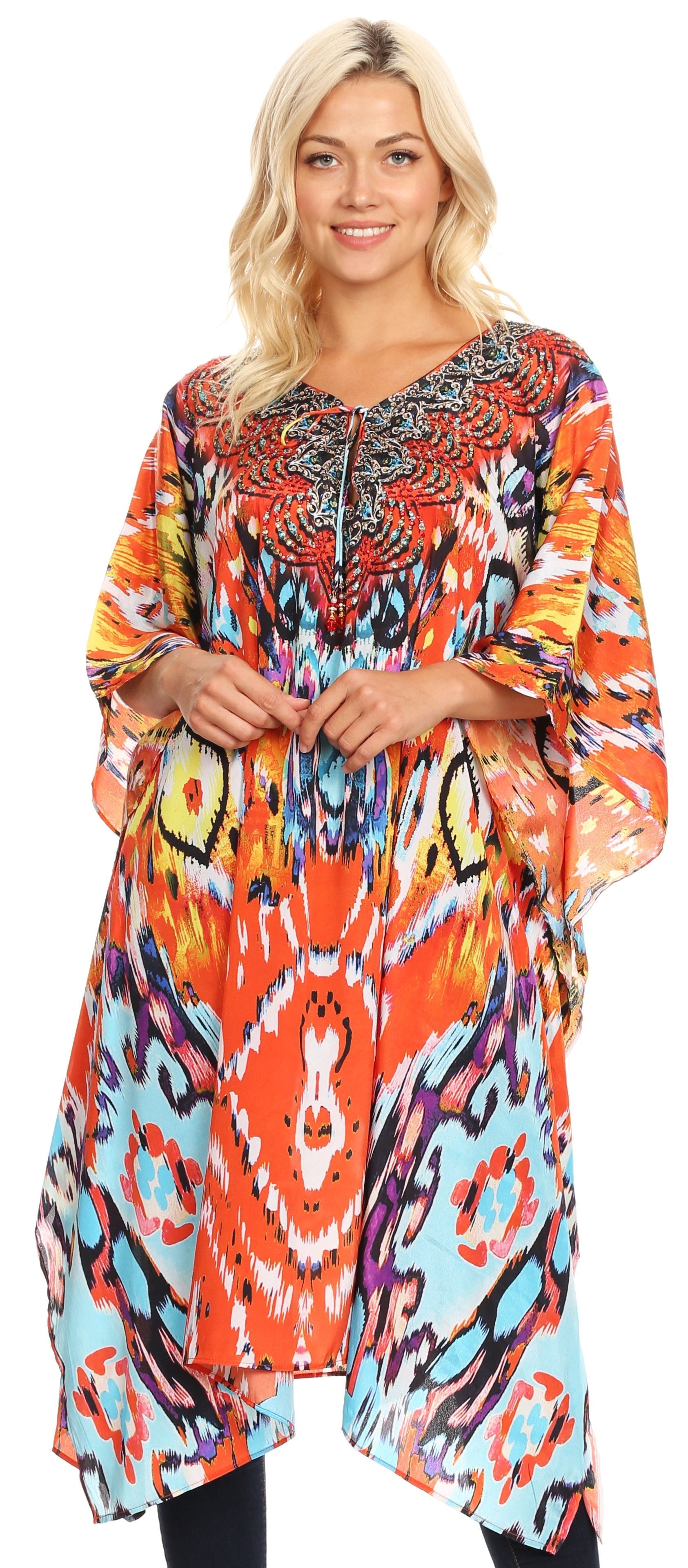 Sakkas Jenni Women's Mid Length Boho Caftan Kaftan Dress Cover up Flowy Rhinestone - Concordia Style Boutique