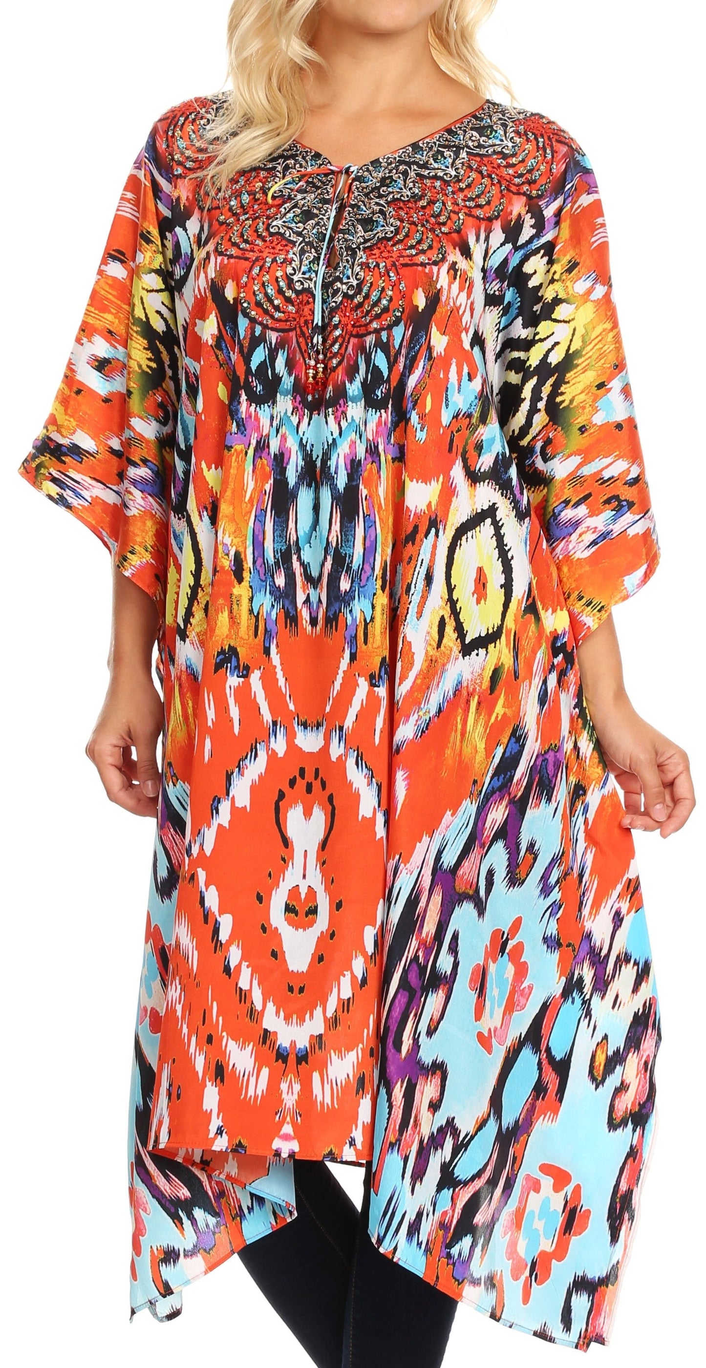 Sakkas Jenni Women's Mid Length Boho Caftan Kaftan Dress Cover up Flowy Rhinestone - Concordia Style Boutique