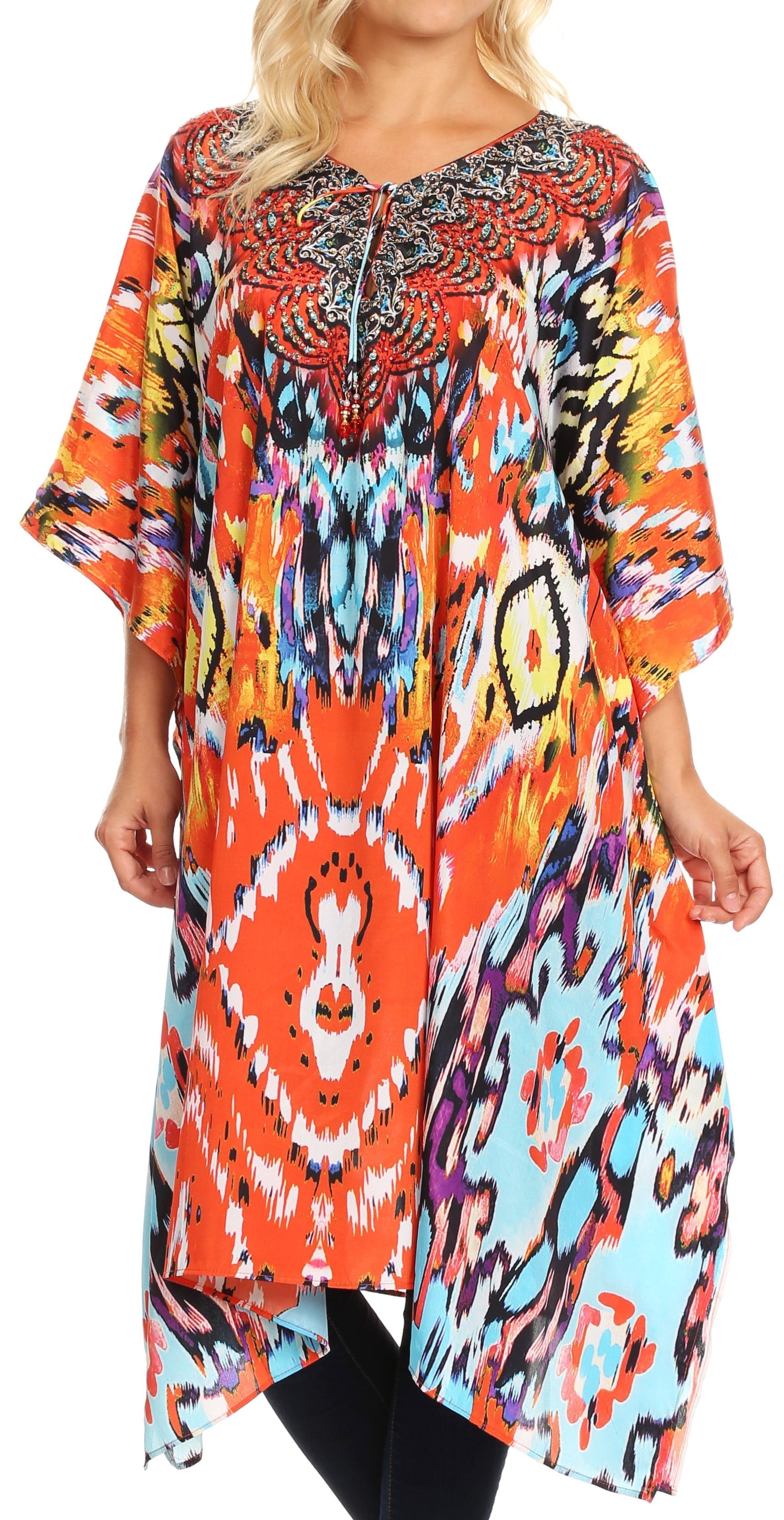 Sakkas Jenni Women's Mid Length Boho Caftan Kaftan Dress Cover up Flowy Rhinestone - Concordia Style Boutique