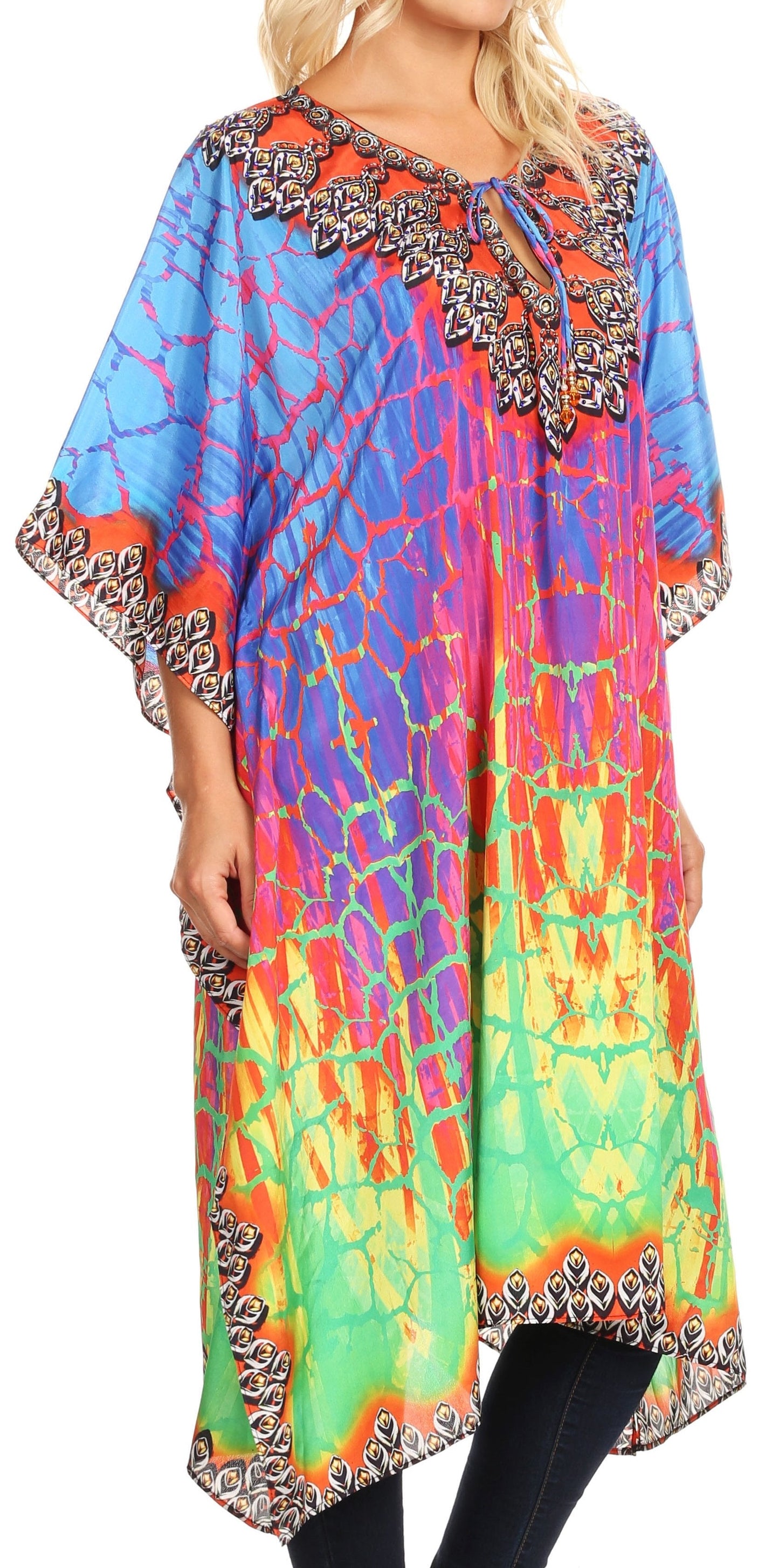 Sakkas Jenni Women's Mid Length Boho Caftan Kaftan Dress Cover up Flowy Rhinestone - Concordia Style Boutique