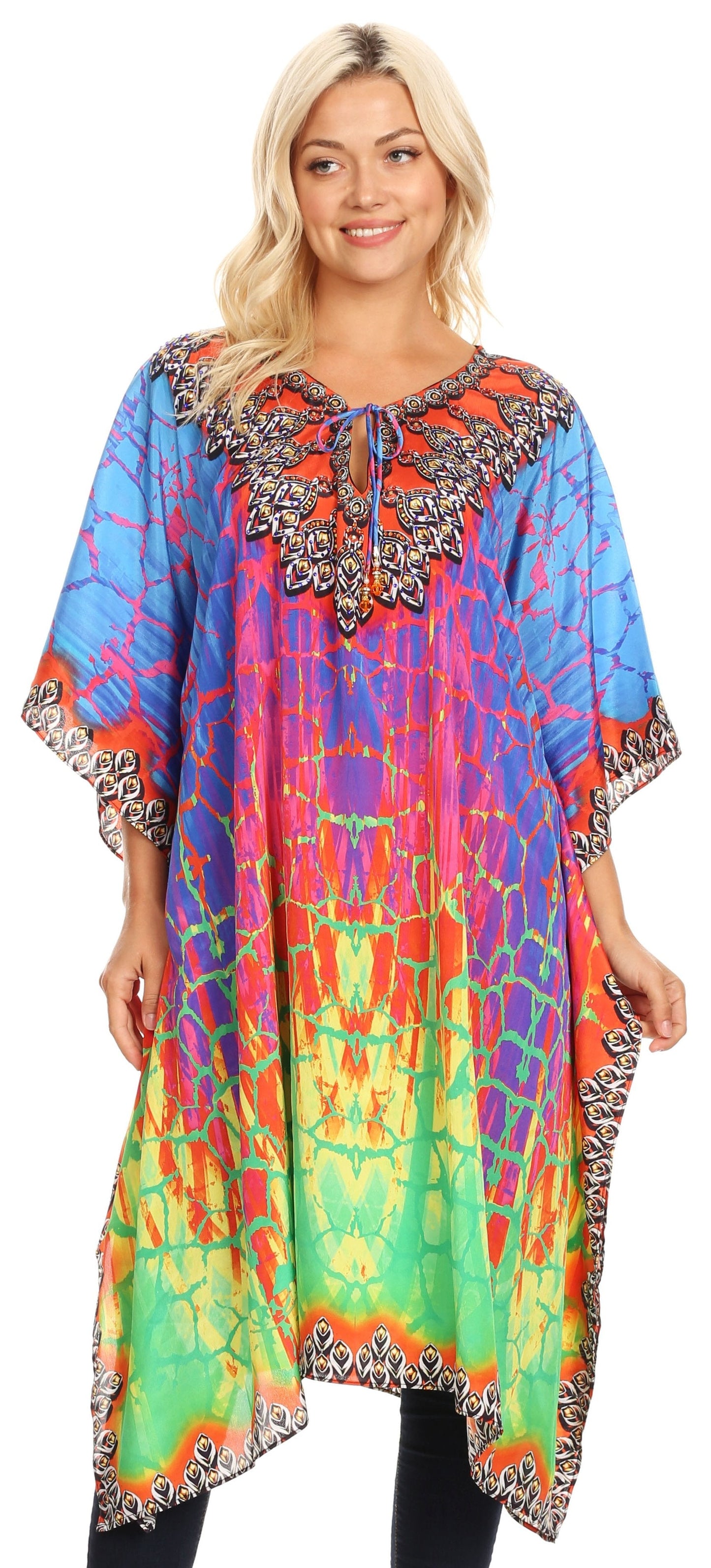 Sakkas Jenni Women's Mid Length Boho Caftan Kaftan Dress Cover up Flowy Rhinestone - Concordia Style Boutique