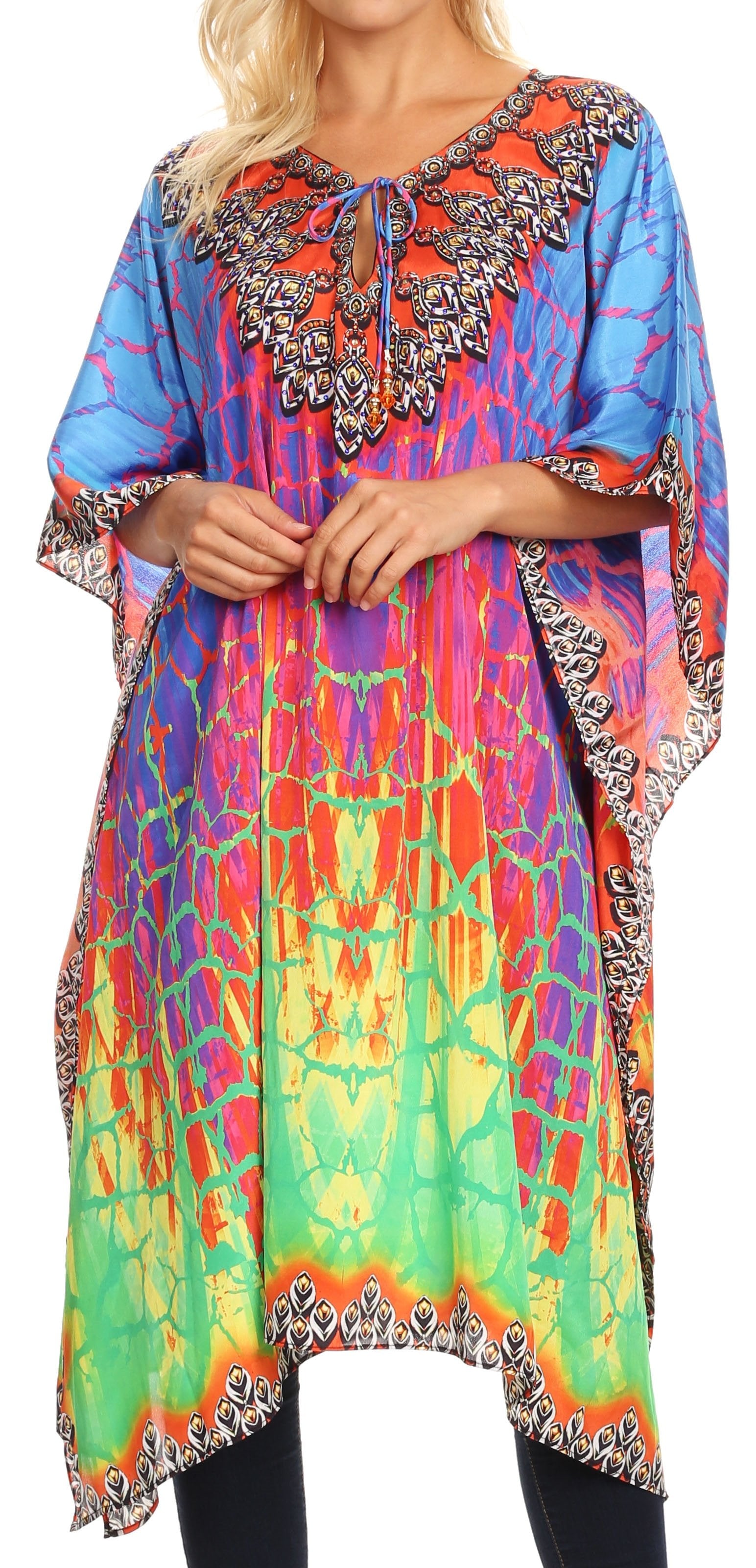 Sakkas Jenni Women's Mid Length Boho Caftan Kaftan Dress Cover up Flowy Rhinestone - Concordia Style Boutique