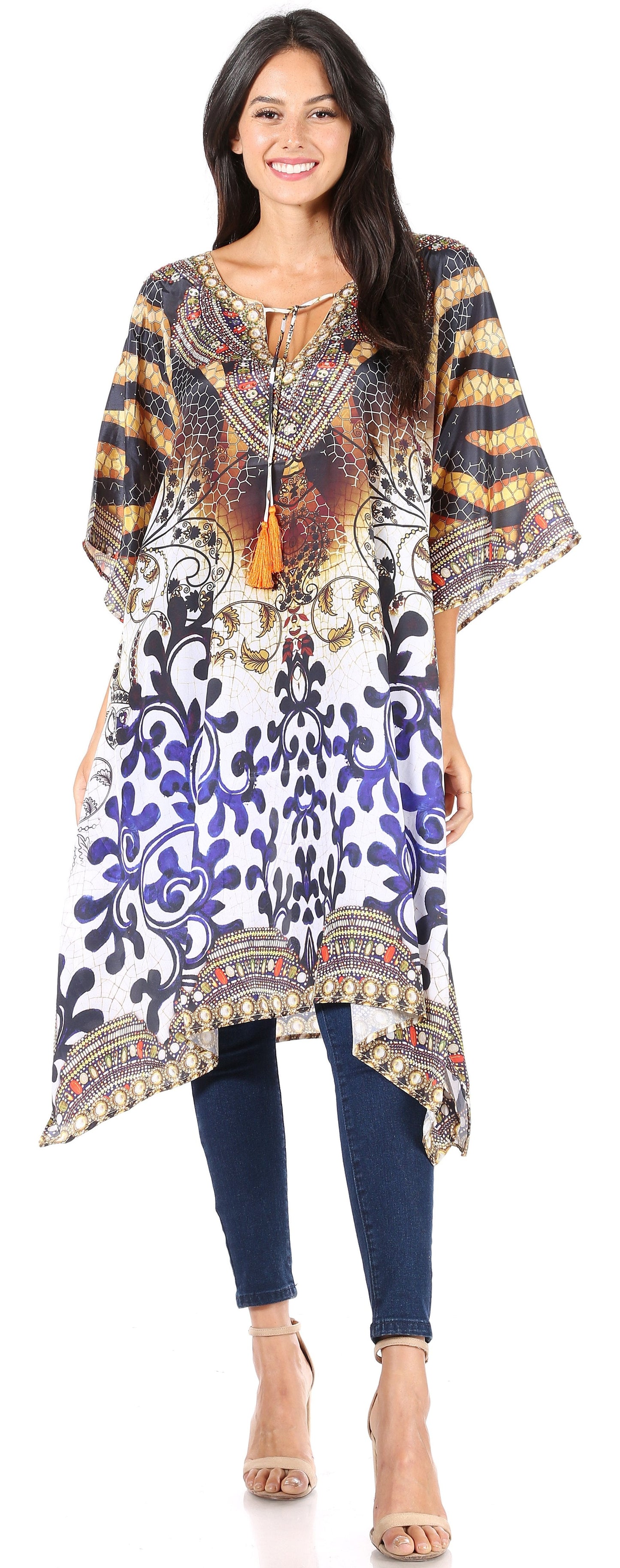 Sakkas Jenni Women's Mid Length Boho Caftan Kaftan Dress Cover up Flowy Rhinestone - Concordia Style Boutique