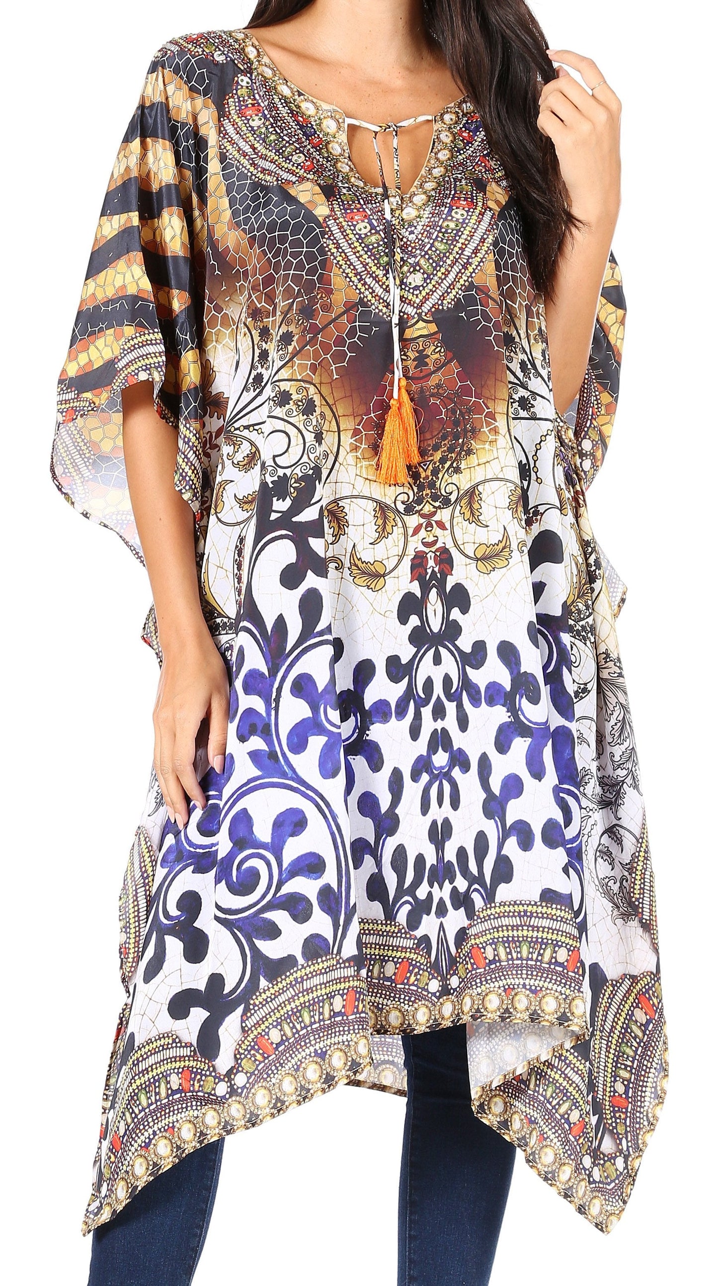 Sakkas Jenni Women's Mid Length Boho Caftan Kaftan Dress Cover up Flowy Rhinestone - Concordia Style Boutique