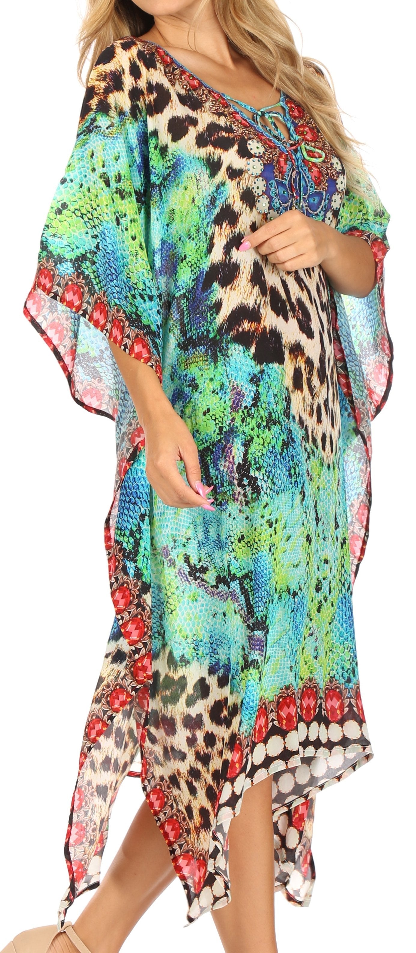 Sakkas Jenni Women's Mid Length Boho Caftan Kaftan Dress Cover up Flowy Rhinestone - Concordia Style Boutique