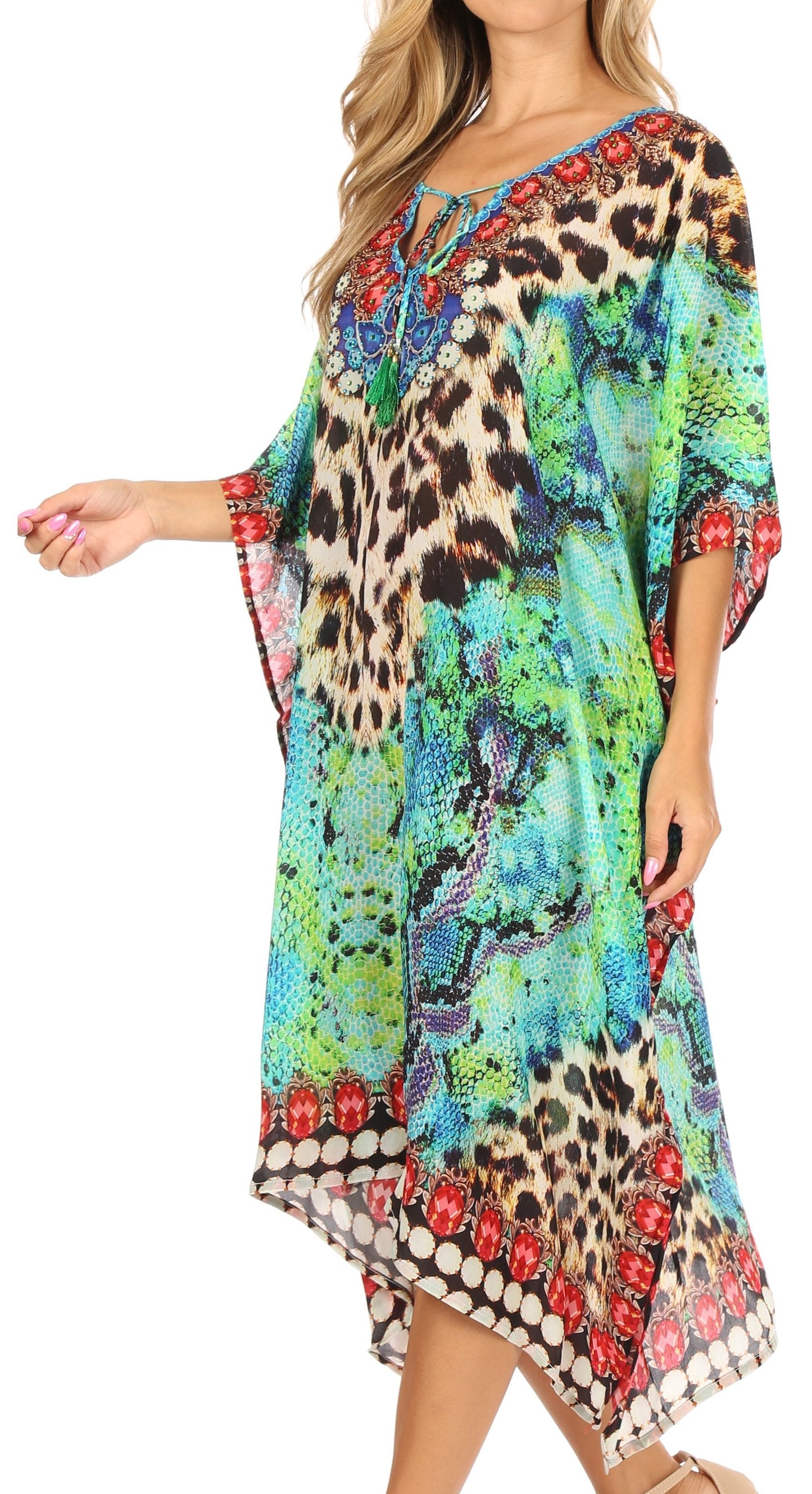 Sakkas Jenni Women's Mid Length Boho Caftan Kaftan Dress Cover up Flowy Rhinestone - Concordia Style Boutique