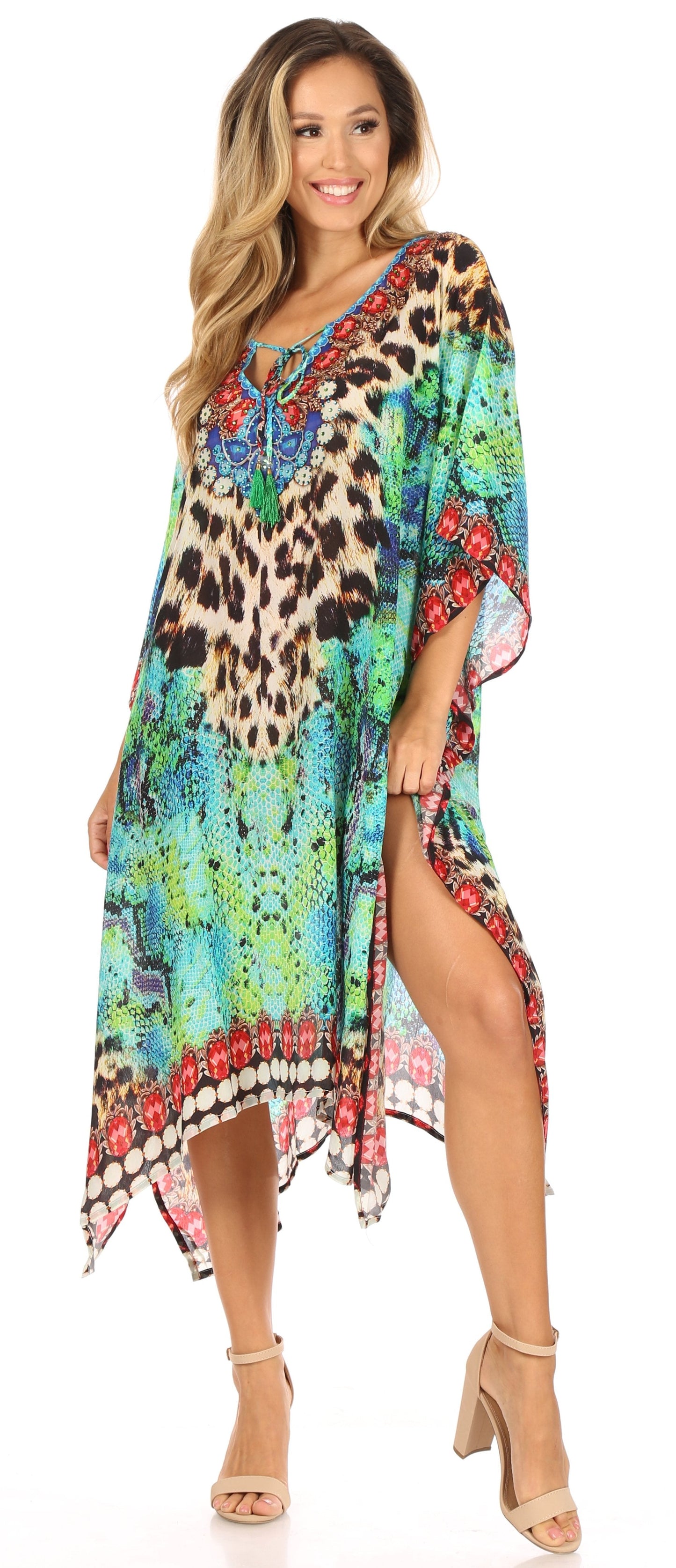 Sakkas Jenni Women's Mid Length Boho Caftan Kaftan Dress Cover up Flowy Rhinestone - Concordia Style Boutique