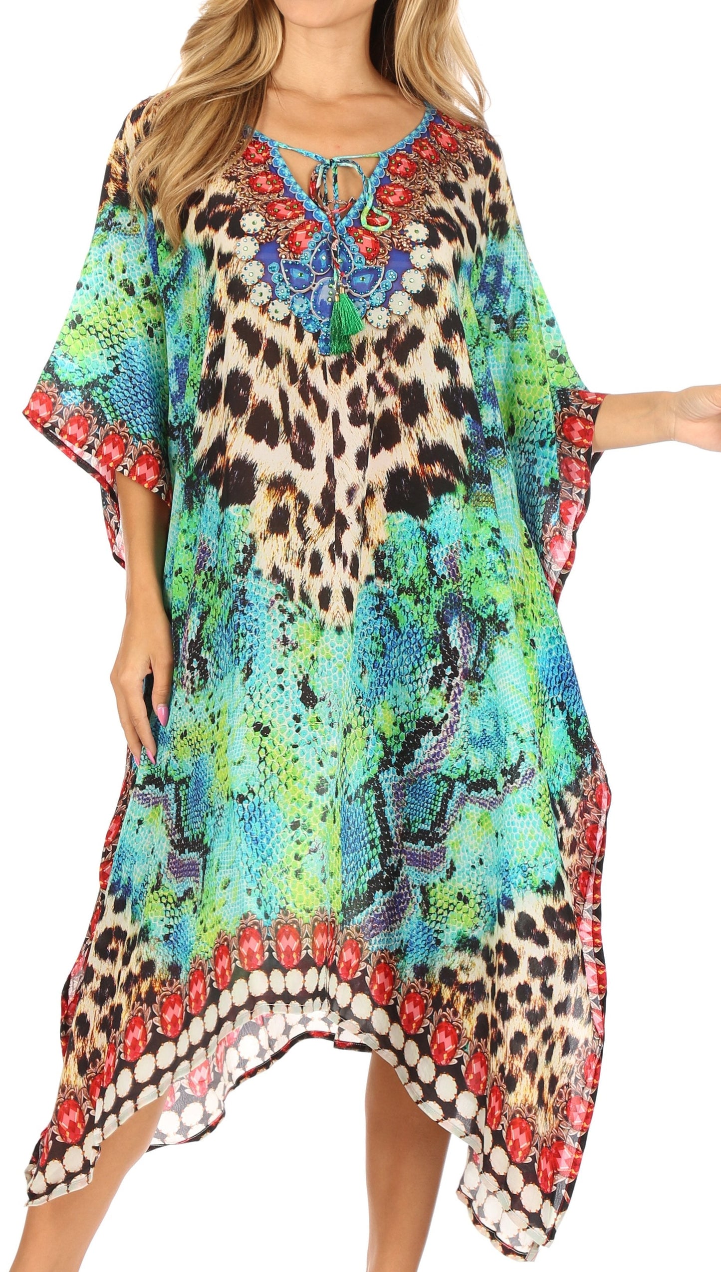 Sakkas Jenni Women's Mid Length Boho Caftan Kaftan Dress Cover up Flowy Rhinestone - Concordia Style Boutique