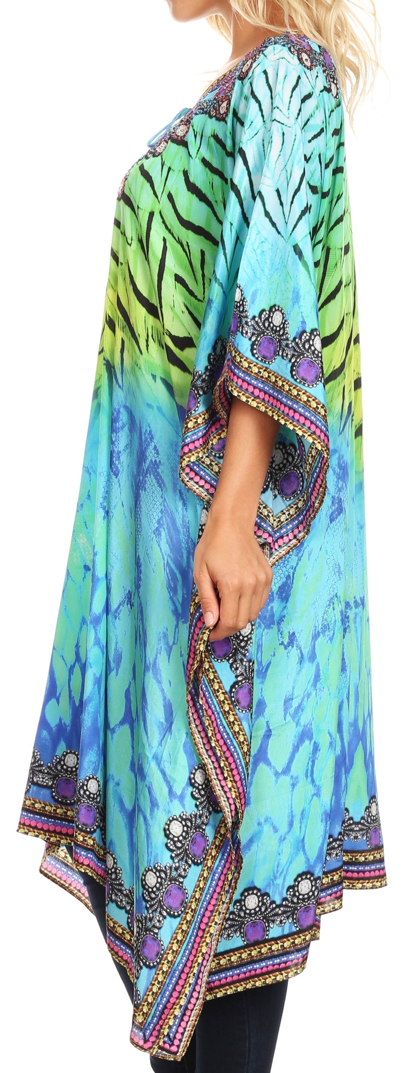 Sakkas Jenni Women's Mid Length Boho Caftan Kaftan Dress Cover up Flowy Rhinestone - Concordia Style Boutique