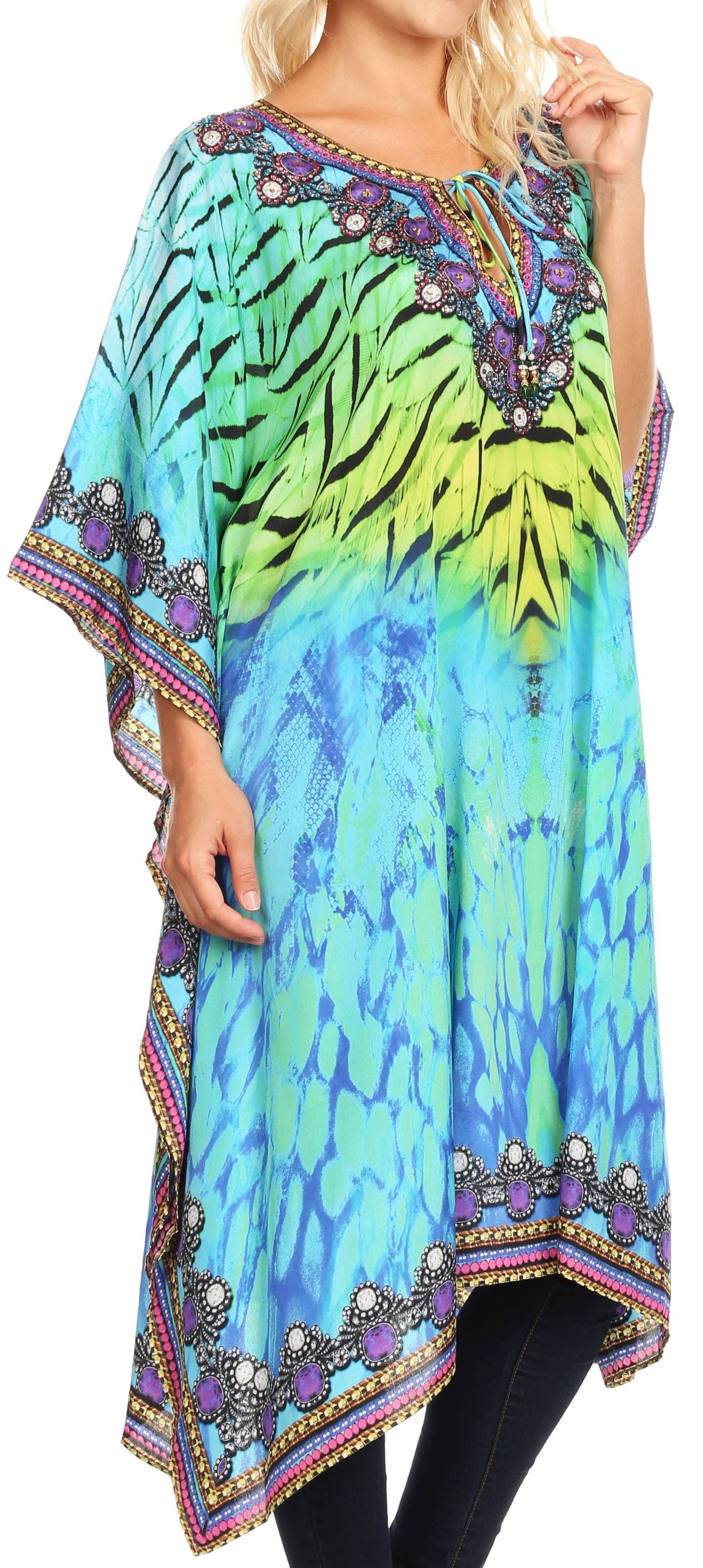 Sakkas Jenni Women's Mid Length Boho Caftan Kaftan Dress Cover up Flowy Rhinestone - Concordia Style Boutique