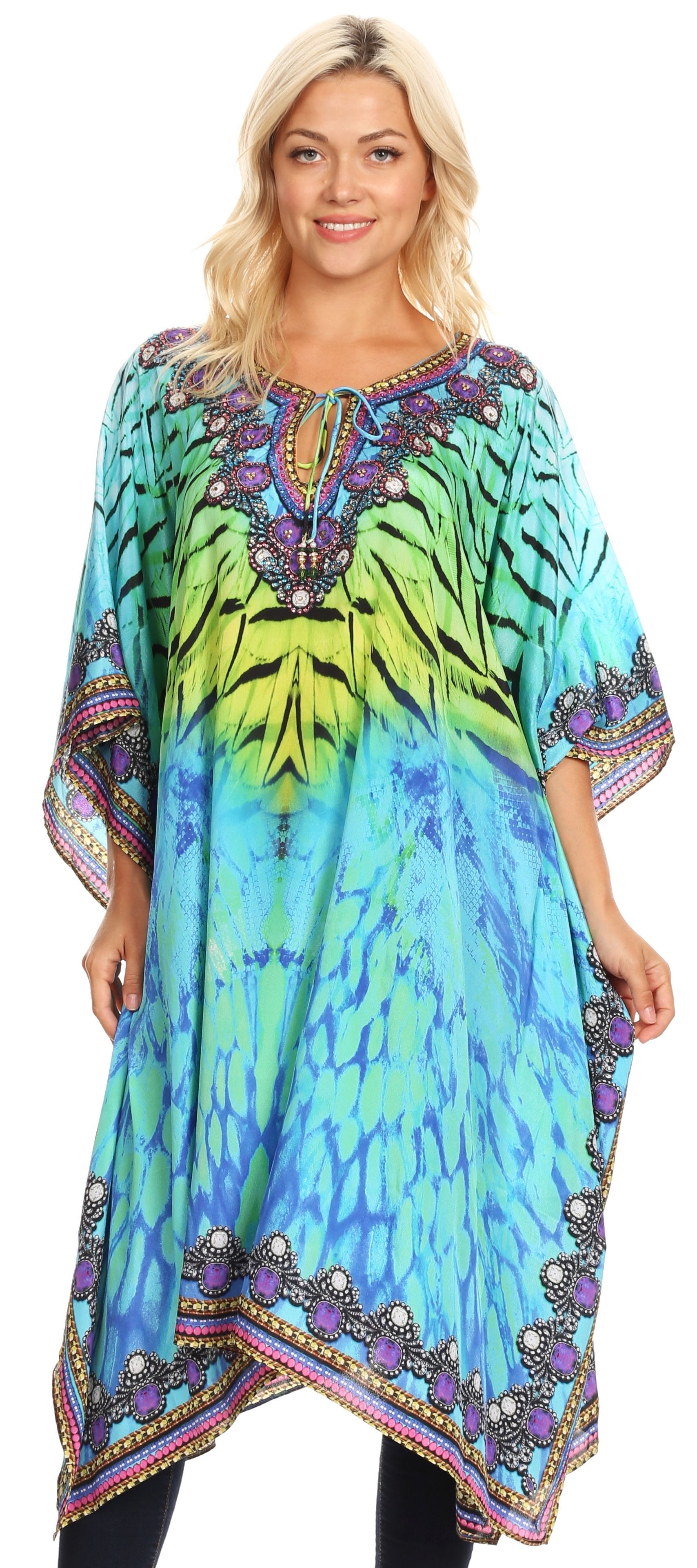 Sakkas Jenni Women's Mid Length Boho Caftan Kaftan Dress Cover up Flowy Rhinestone - Concordia Style Boutique