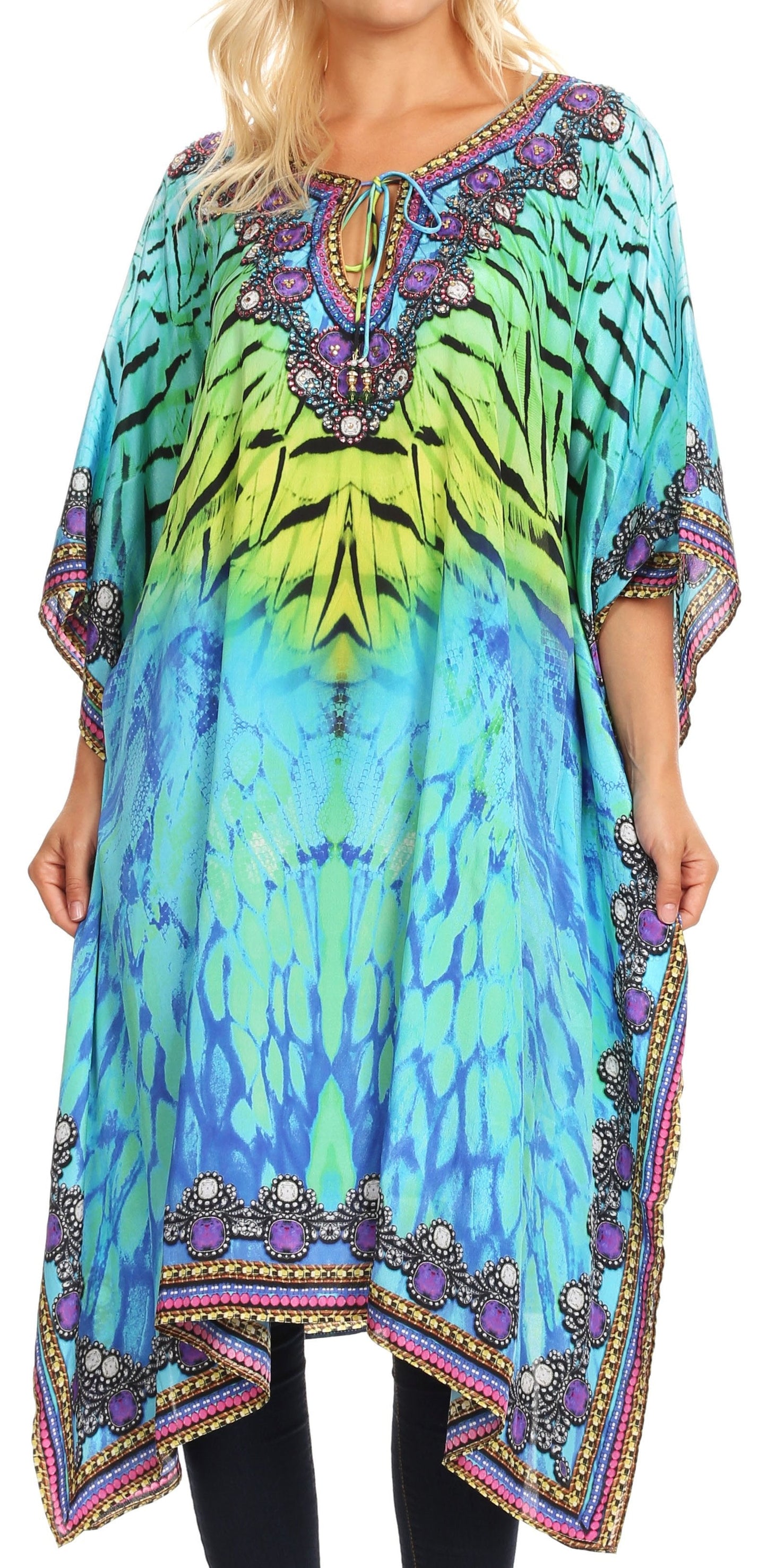 Sakkas Jenni Women's Mid Length Boho Caftan Kaftan Dress Cover up Flowy Rhinestone - Concordia Style Boutique