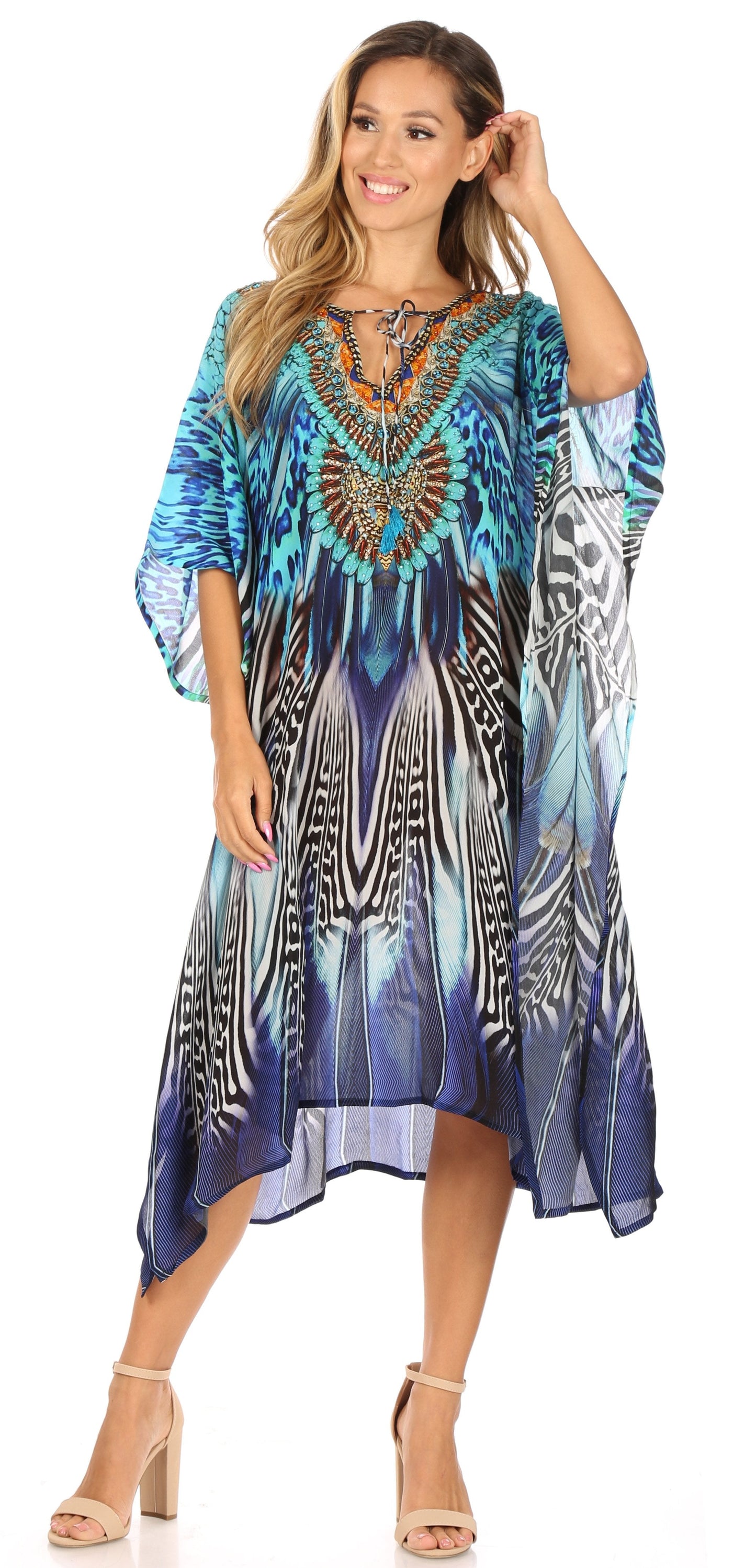 Sakkas Jenni Women's Mid Length Boho Caftan Kaftan Dress Cover up Flowy Rhinestone - Concordia Style Boutique
