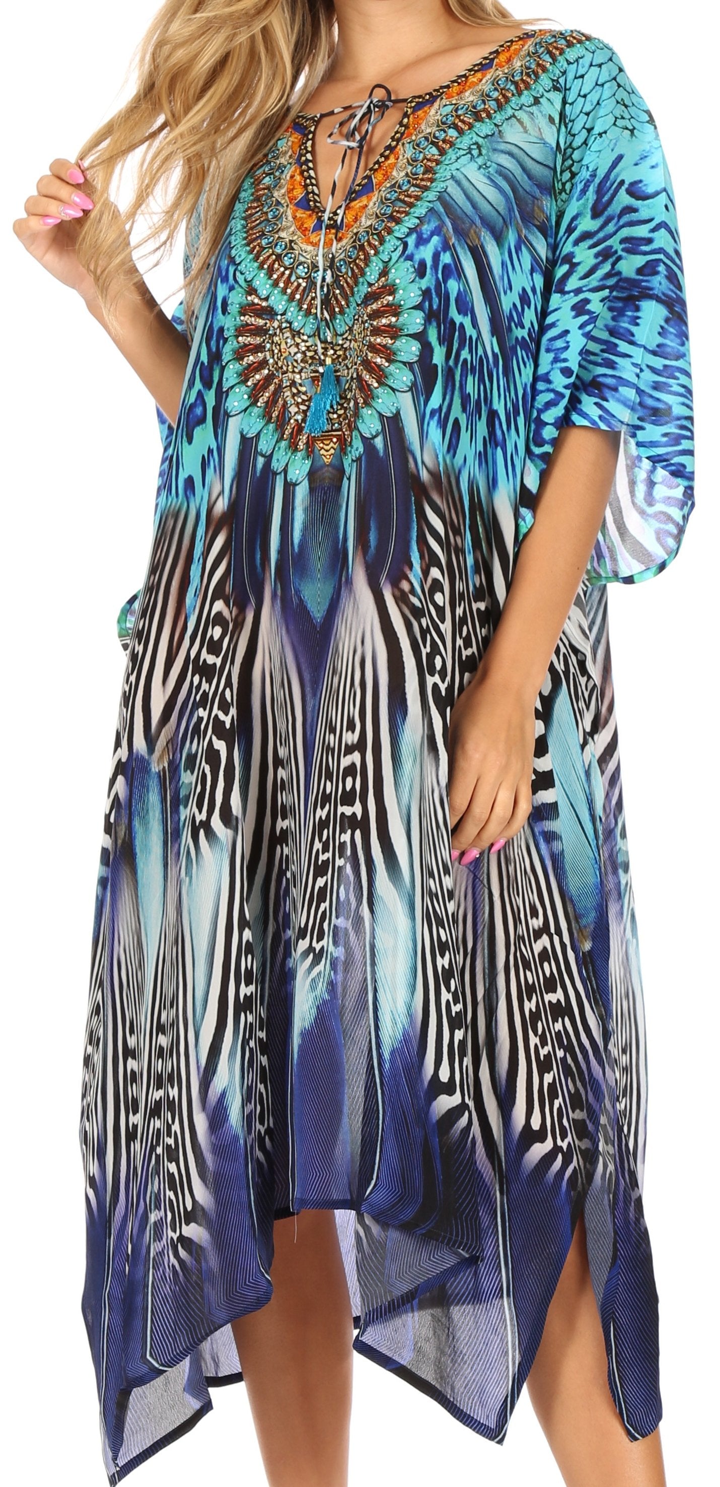 Sakkas Jenni Women's Mid Length Boho Caftan Kaftan Dress Cover up Flowy Rhinestone - Concordia Style Boutique