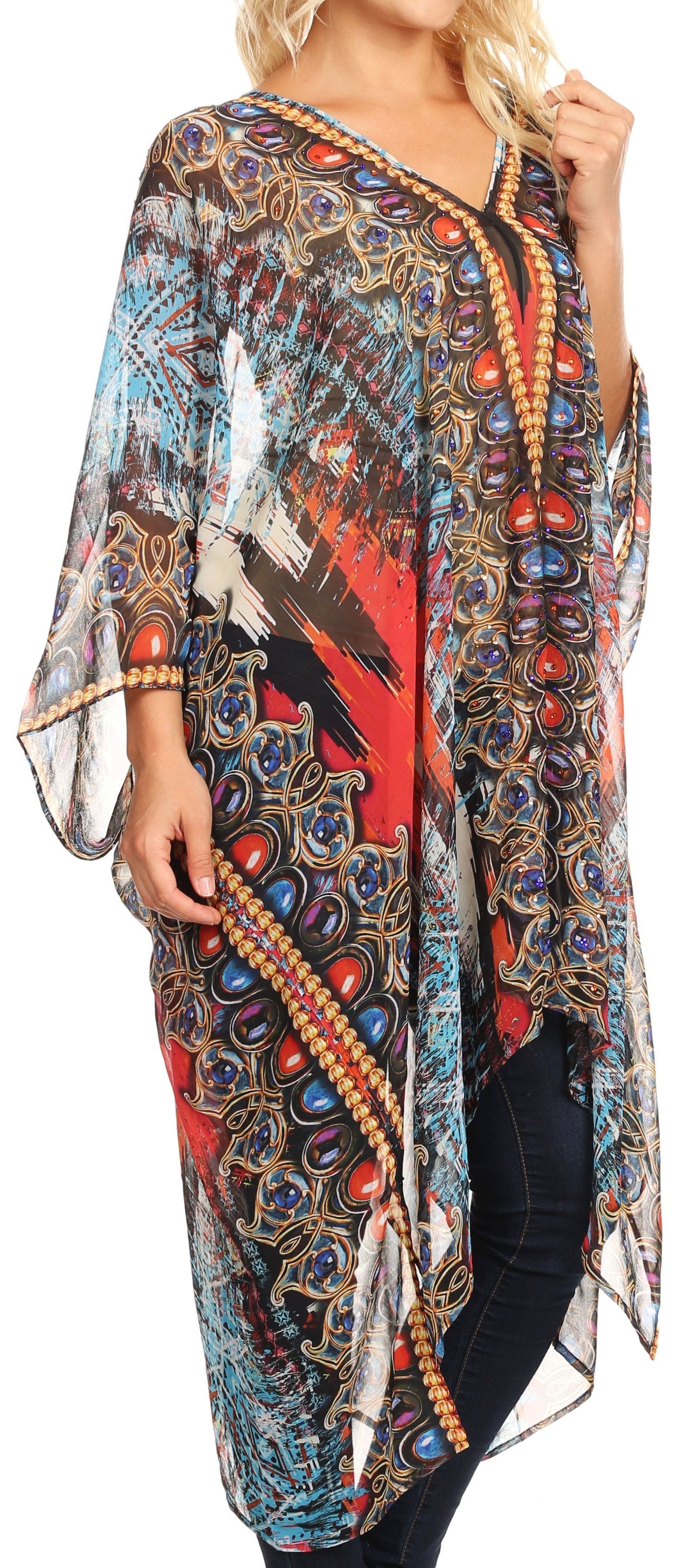 Sakkas Livi Women's V Neck Beach Dress Cover up Caftan Top Loose with Rhinestone - Concordia Style Boutique
